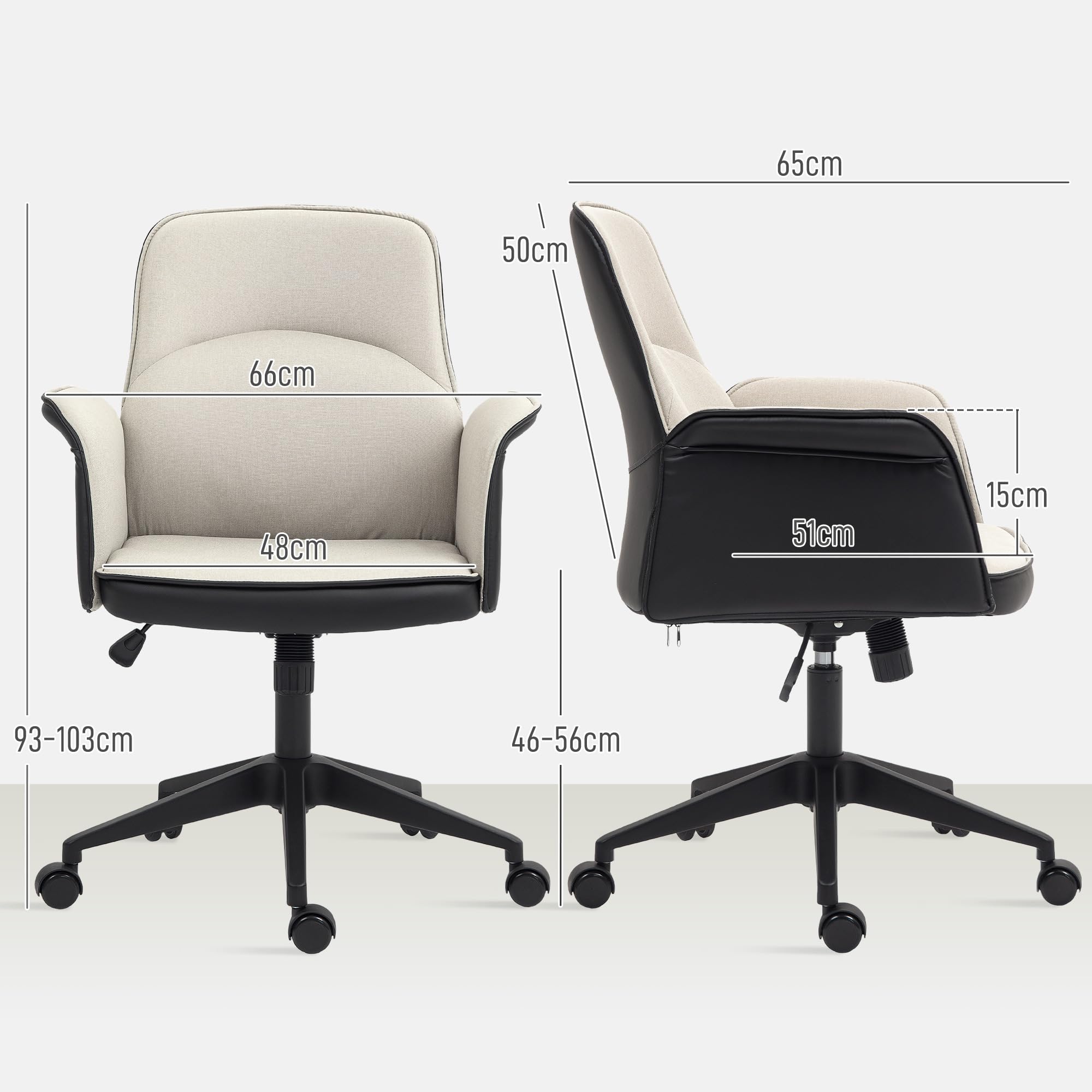 HOMCOM Silla de Oficina Basculante Silla de Escritorio Giratoria Tapizada en PU y Lino Altura Ajustable Reposabrazos Silla de Estudio Carga 120 kg Beige y Negro