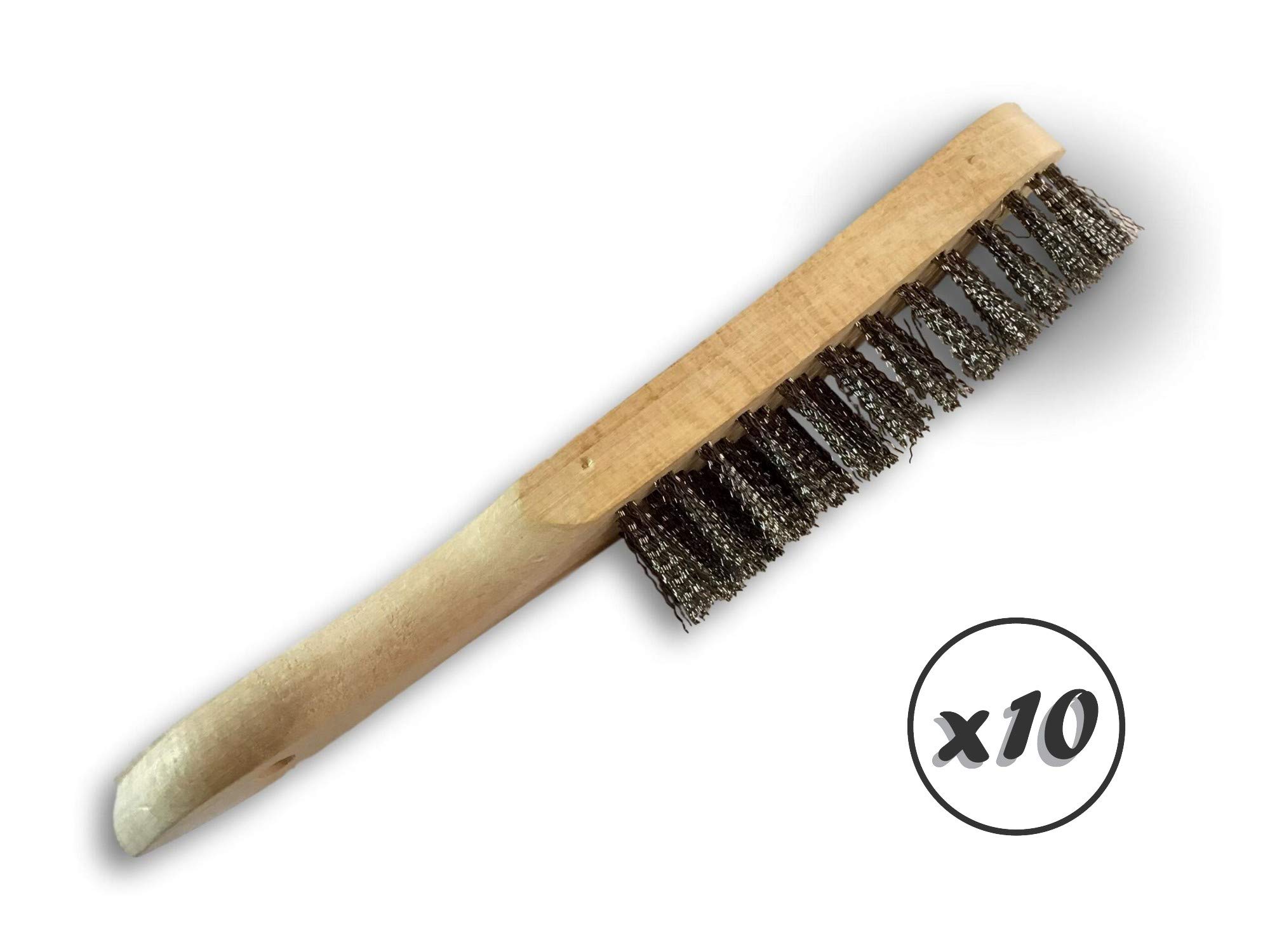 Standardowa szczotka druciana do spawania ręcznego | Zestaw 10 | 4-rzędowe wypełnienie ze stali nierdzewnej drutu falistego 30 mm | Drewniany uchwyt | Szczotkowanie usuwanie rdzy | Kibros 32I4x10