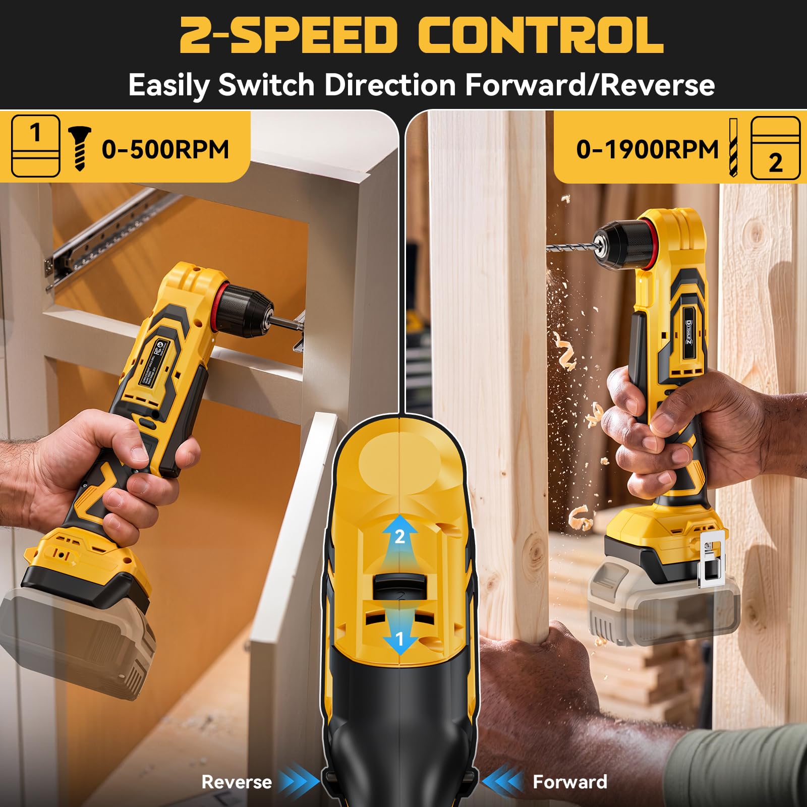 DIYtoolifz Trapano ad angolo retto senza fili compatibile con batteria Dewalt da 20 V, trapano angolare da 1 cm con motore brushless, 45,19 N·m, 2 velocità e luce LED, compatto per spazi ristretti
