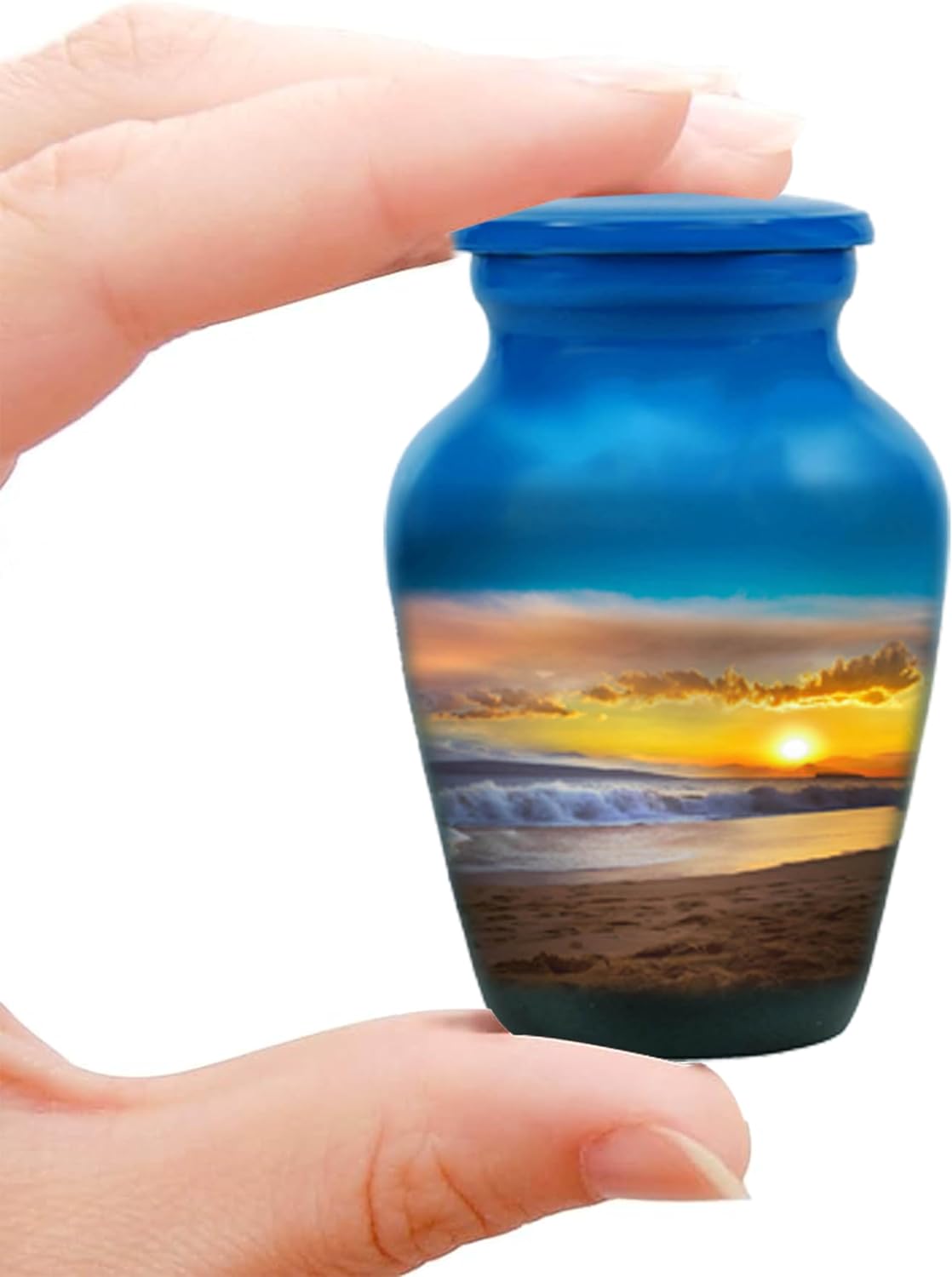 Generic Sunrise Urn for Human Ashes -Beach Sunset Urns for Ashes Adult urn-Hand Painted Adult Beach Urn, with Velvet Bag and Box Keepsake Set of 4, Blue
