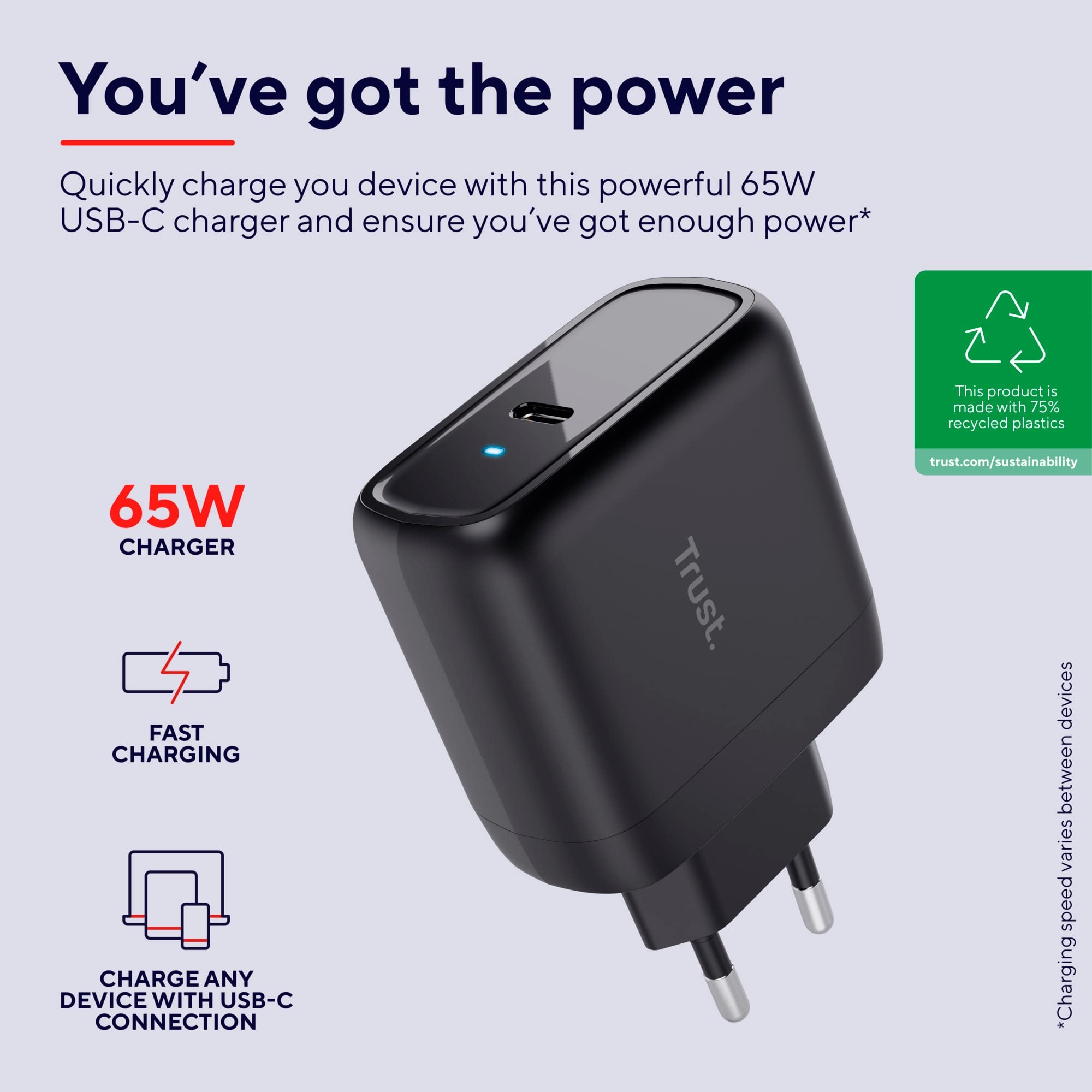 Trust Maxo Chargeur USB-C de 65W, Chargeur Rapide avec Câble USB-C de 2m