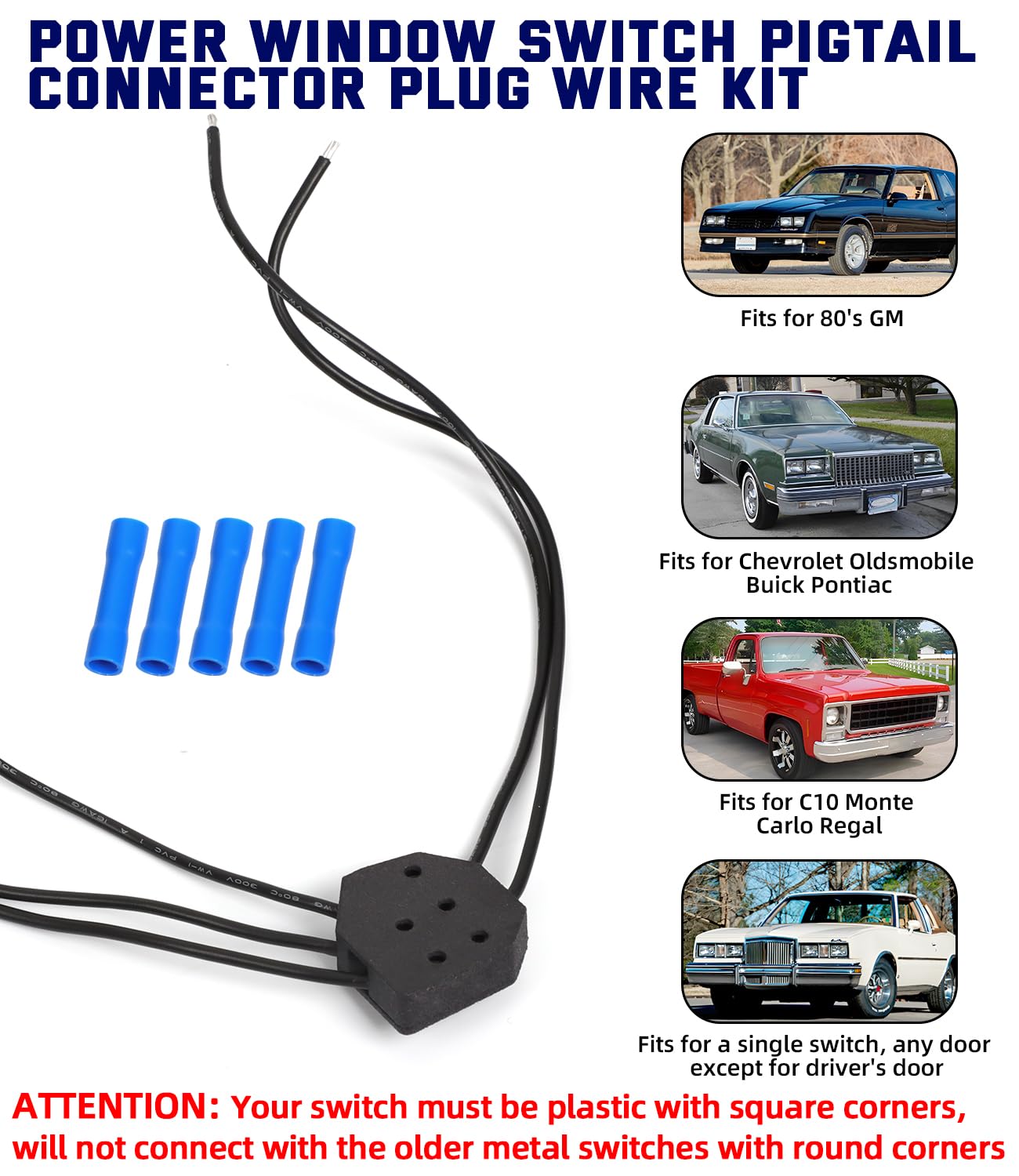 Power Window Switch Pigtail 5-Way Connector Plug Wire Kit for 80's GM C10 Monte Carlo Regal Power Window Harness Pigtail Replacement with 5 Crimp Connectors (Nylon)