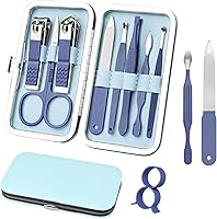 RedFlow 8-in-1 Manicure Pedicure Set - Professional Nail Clippers, Tweezers, File & Grooming Tools in Portable Leather Case (Blue)