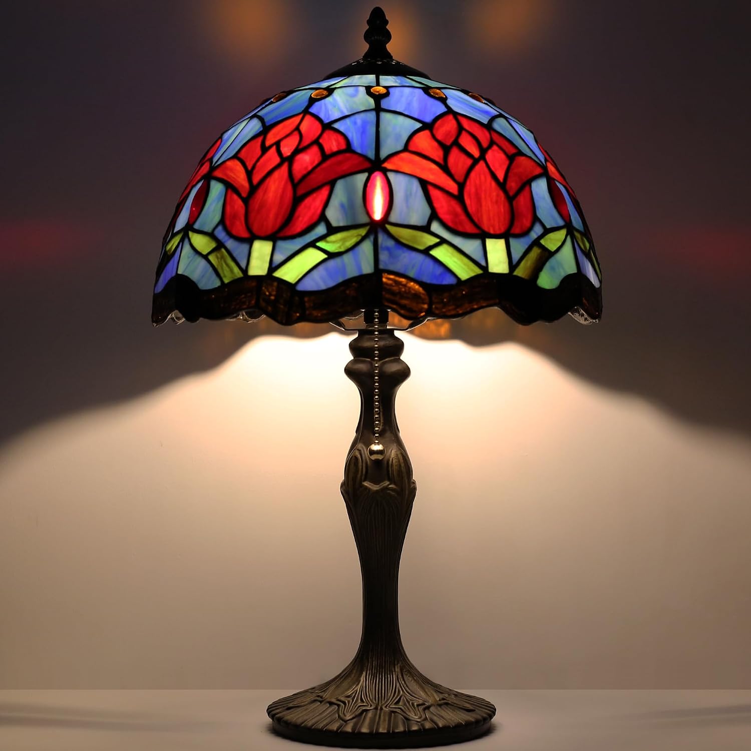 Tiffany Lamp Stained Glass Table Lamp 12” x 19” Red Tulips Style Bedside Reading Lamp Decorative Lamp for Desk Living Room Bedroom Office Study Light Home Decor Gift