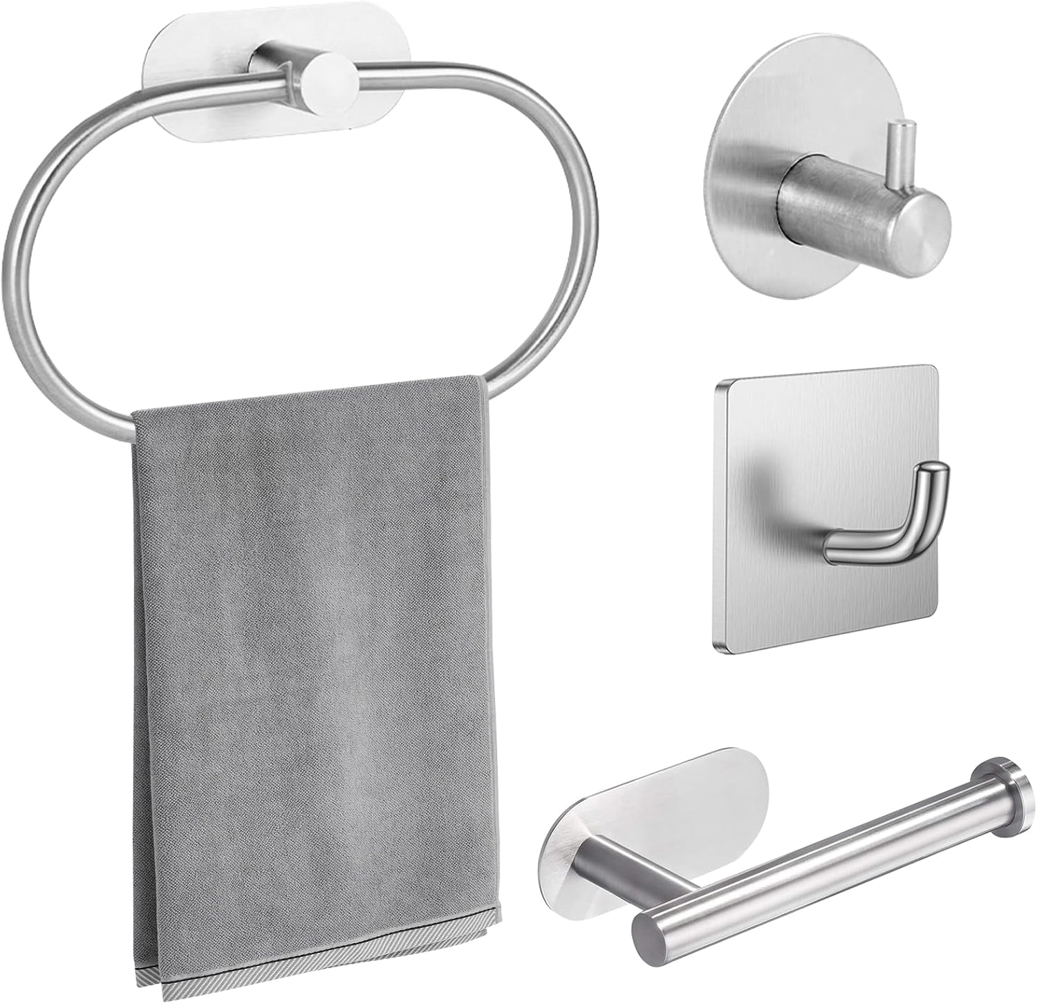 4 Pcs Bathroom Accessories Set, VEGCOO Self Adhesive Toilet Roll Holder, Oval Towel Holder and 2 Hooks, Stainless Steel Wall Mounted Bathroom Accessories Set for Bathroom Kitchen, No Drilling (Black)