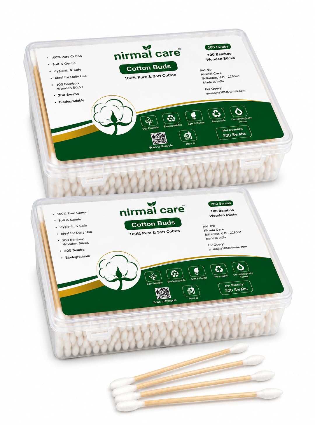 Cotton Buds Combo Pack | 2 x 100 Swabs (400 Swabs Total) | 100 Bamboo Wooden Sticks per Box | 100% Pure Soft Cotton | Eco-Friendly & Hygienic | Premium Storage Box | 200 Sticks, Soft & Gentle Tips-image-37