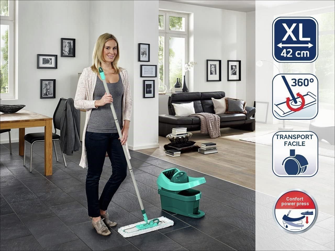 Leifheit Kit Profi XL Essore-housse avec Roulettes et Lave-Sol, housse de rechange incluse, seau et balais-serpillère simples à utiliser avec mécanisme d'essorage intégré