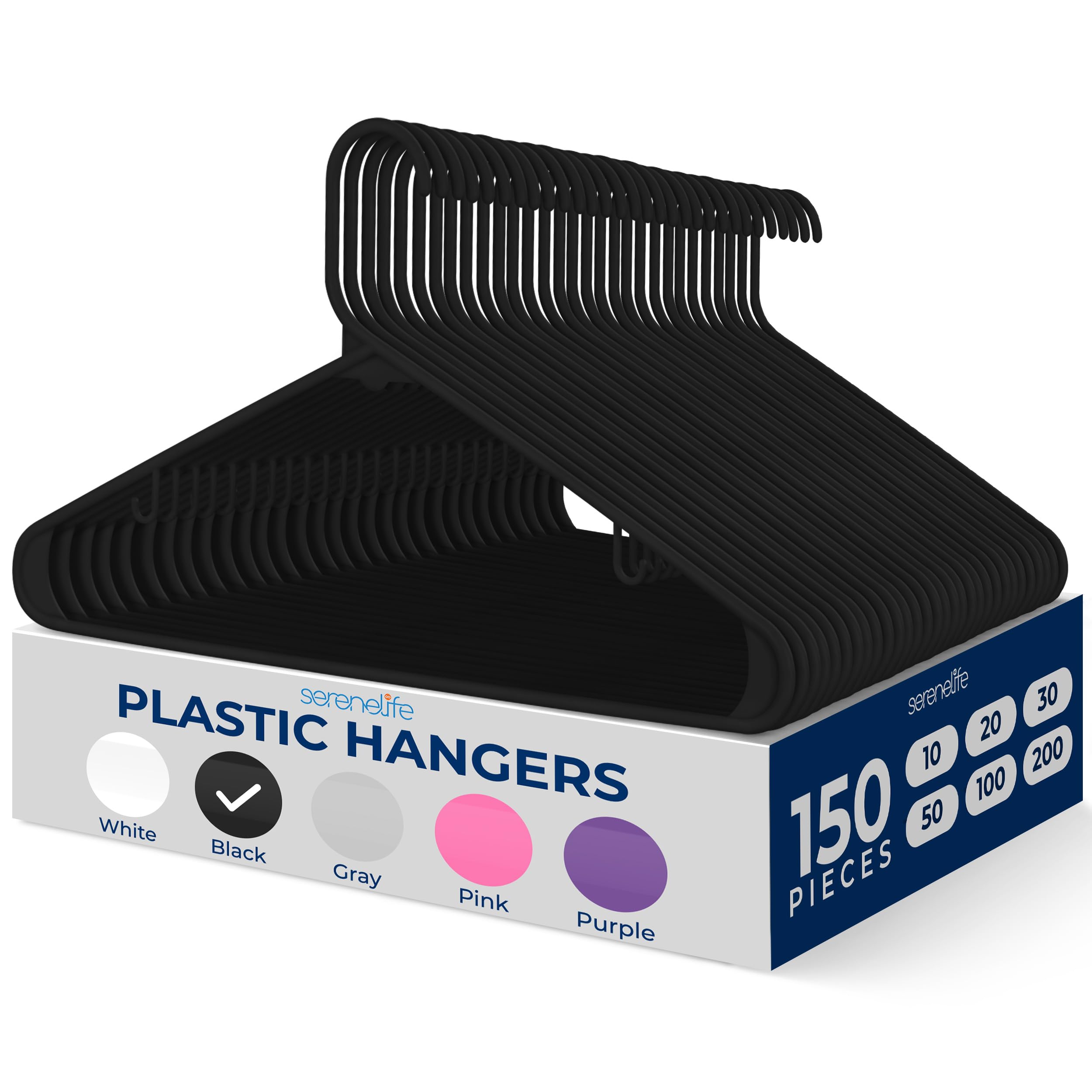 SereneLife 150-Piece Plastic Hangers Black – Heavy Duty Non-Slip Clothes Hanger Set, Durable Slim Space-Saving Closet Organizers for Coats Shirts and