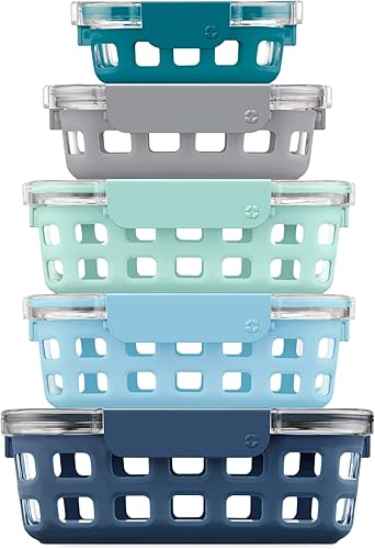 Ello Duraglass Mixed Meal Prep Sets Leak-Proof Glass Food Storage Containers with Silicone Sleeves and Airtight BPA-Free Lids, Dishwasher,