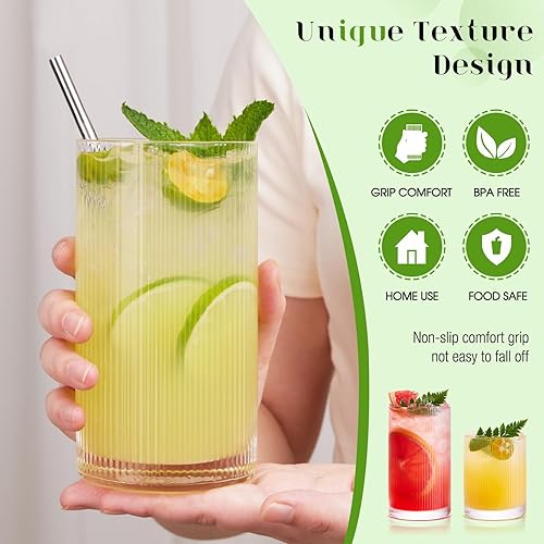 Miniatura 8 de Ribbed Glass Cups Set of 8 - 4 Large Capacity Highball Glasses 17oz, 4 Rocks Glass Cups 12oz, Cocktail Glasses, Drinking Glasses Ideal for Beer,