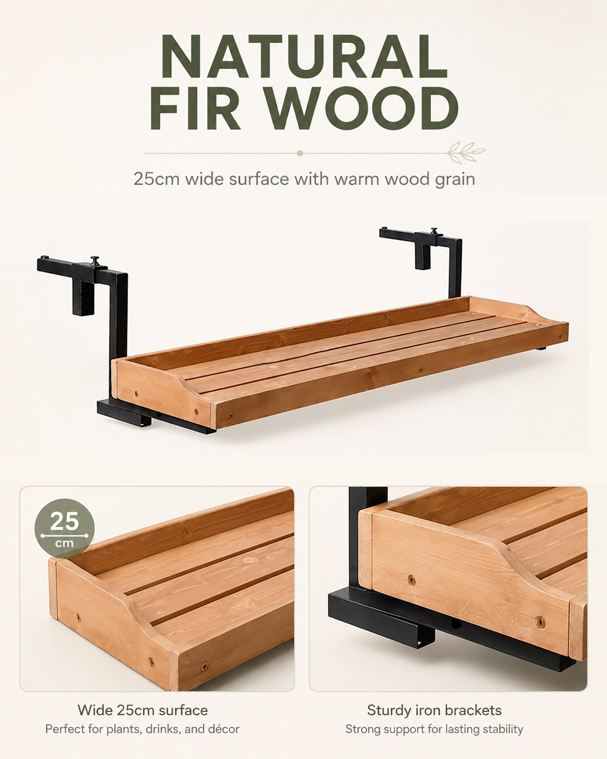 Tavolino da Balcone Pieghevole Sospeso - Tavolo per Ringhiera Regolabile in Legno - Salvaspazio Esterno per Piante e caffè - con Ganci in Ferro e Bordo 25cm | ,Natural,L120×W25cm