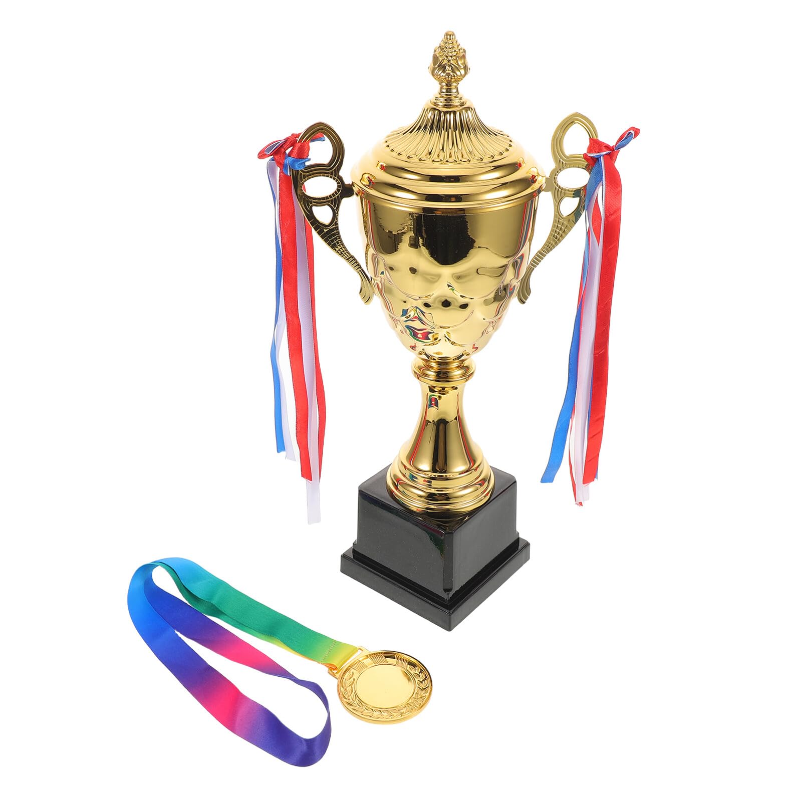 Veemoon Juego de Trofeos y Medallas Deportivas con Copa Dorada de 42 Cm, Medalla de Campeonato con Cinta para Ceremonias y Torneos Deportivos, Premio para Eventos y Competiciones