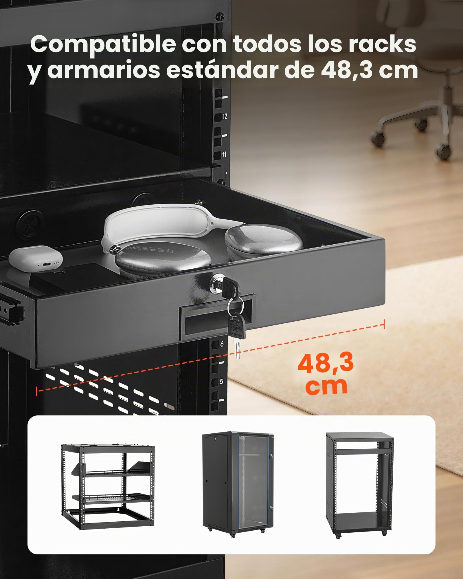 VEVOR Cajón para Montaje en Rack de 2U, Carga de 22,68 kg, Cajón Deslizante con Cerradura y Orificios para Gestión de Cables, para Rack o Gabinete de AV para Servidores de Equipos de Red de 48,26 cm