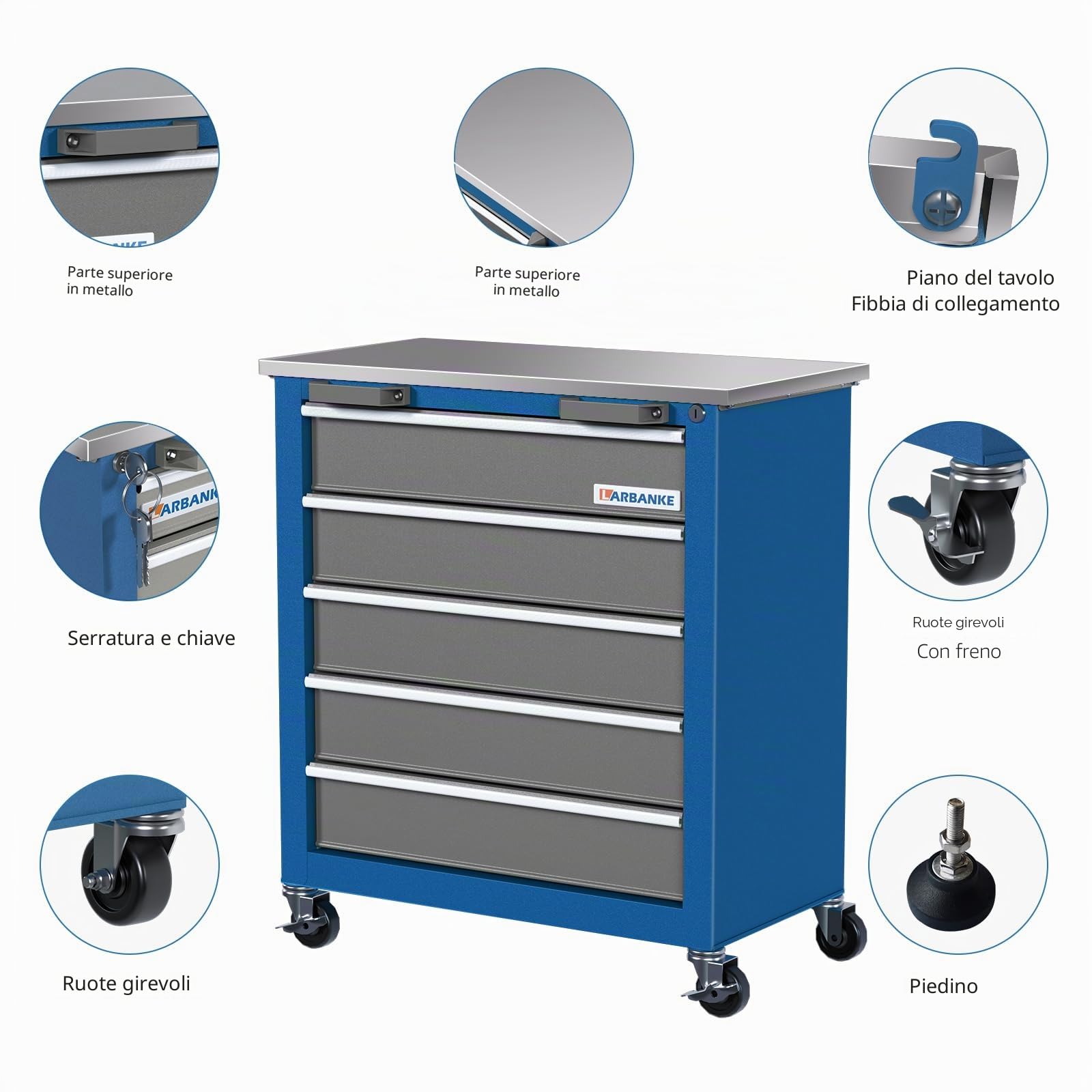 LARBANKE Carrello da officina arrotolabile su ruote con chiusura a chiave, inserti per cassetti, fibbia di collegamento e combinabile con grande set di armadietti