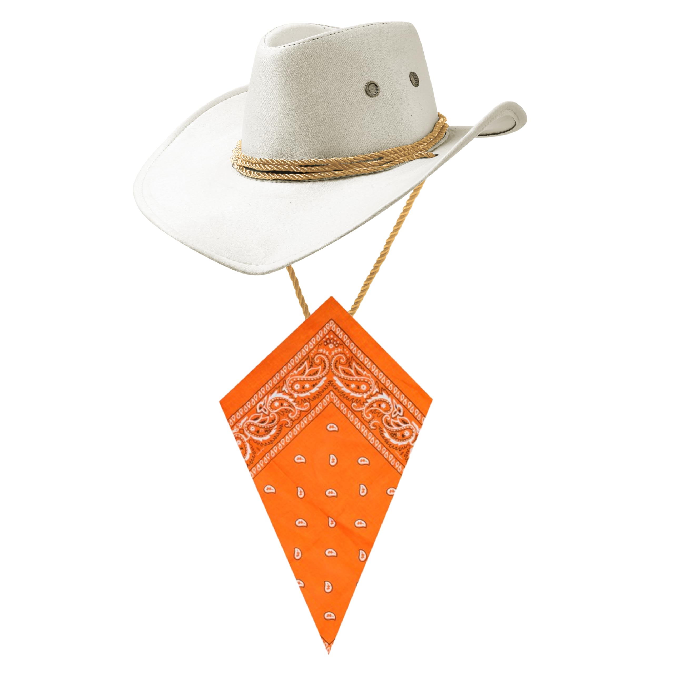 White Cowboy Hat and Orange Bandana Western Sun Cap Faux Felt Leather Suede Fancy Dress Party Costume Outfit Neckscarf Protection Mens Womens โ image 1