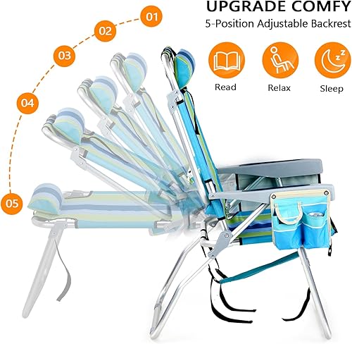 Miniatura 7 de VINGLI Silla alta de playa ligera, paquete de 2 sillas de playa ligeras para adultos con 5 posiciones, bolsa refrigeradora, portavasos, toallero,