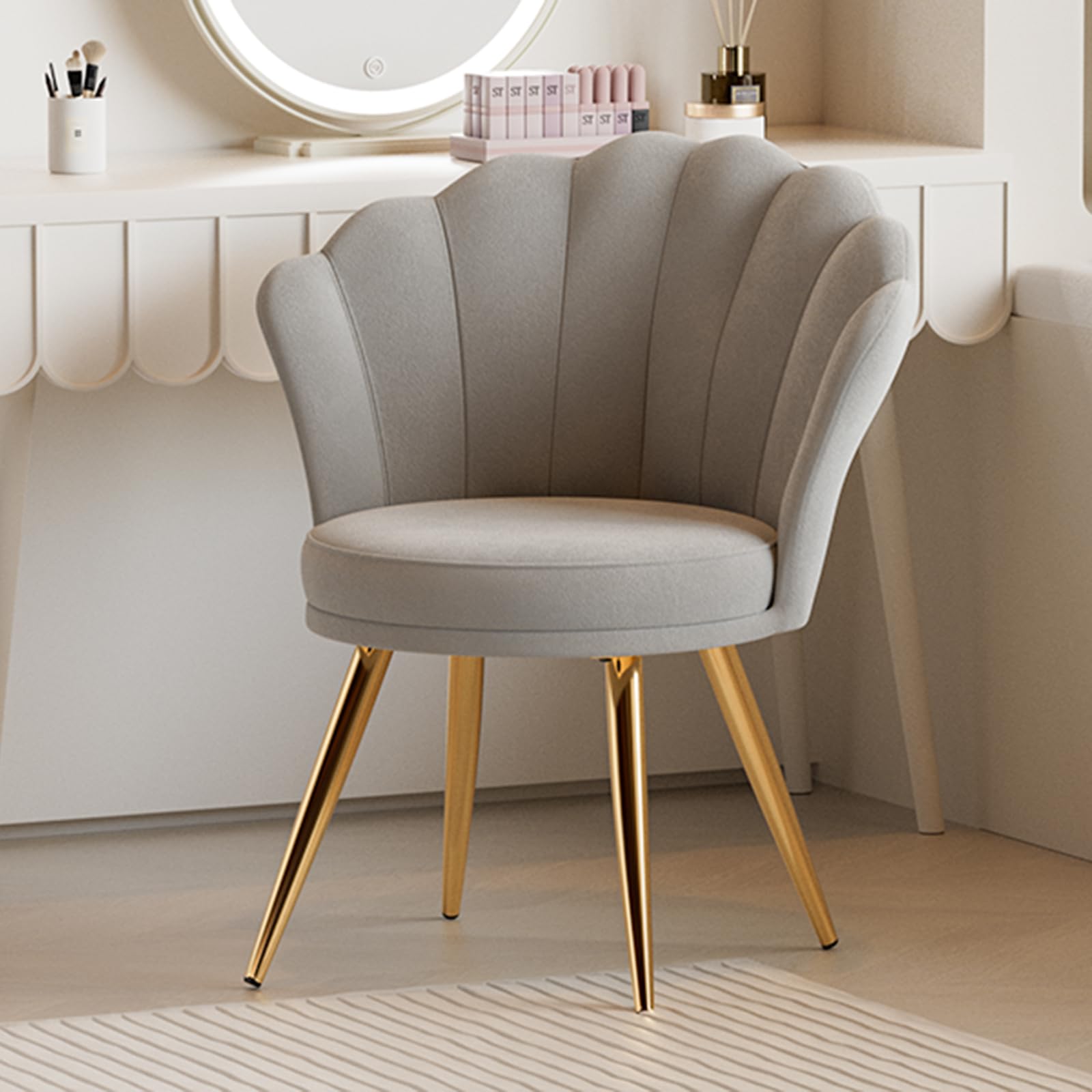 Aivermeil Velvet Accent Chair with Gold Metal Legs, Vanity Chair for Makeup Room, Upholstered Guest Chair for Living Room, for Bedroom, Grey