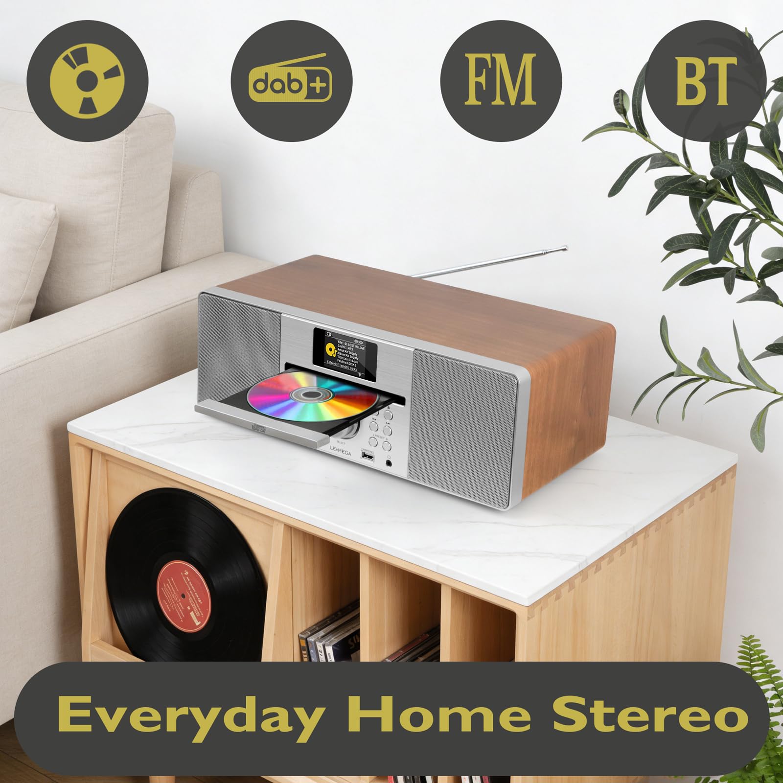 LEMEGA MSY1P Sistema musicale All-In-One,lettore CD,DAB/DAB+ e radio digitale FM,Bluetooth,suono stereo 20W,USB MP3,caricatore USB,uscita cuffie,Aux-in,orologio allarmi,display a colori. Noce