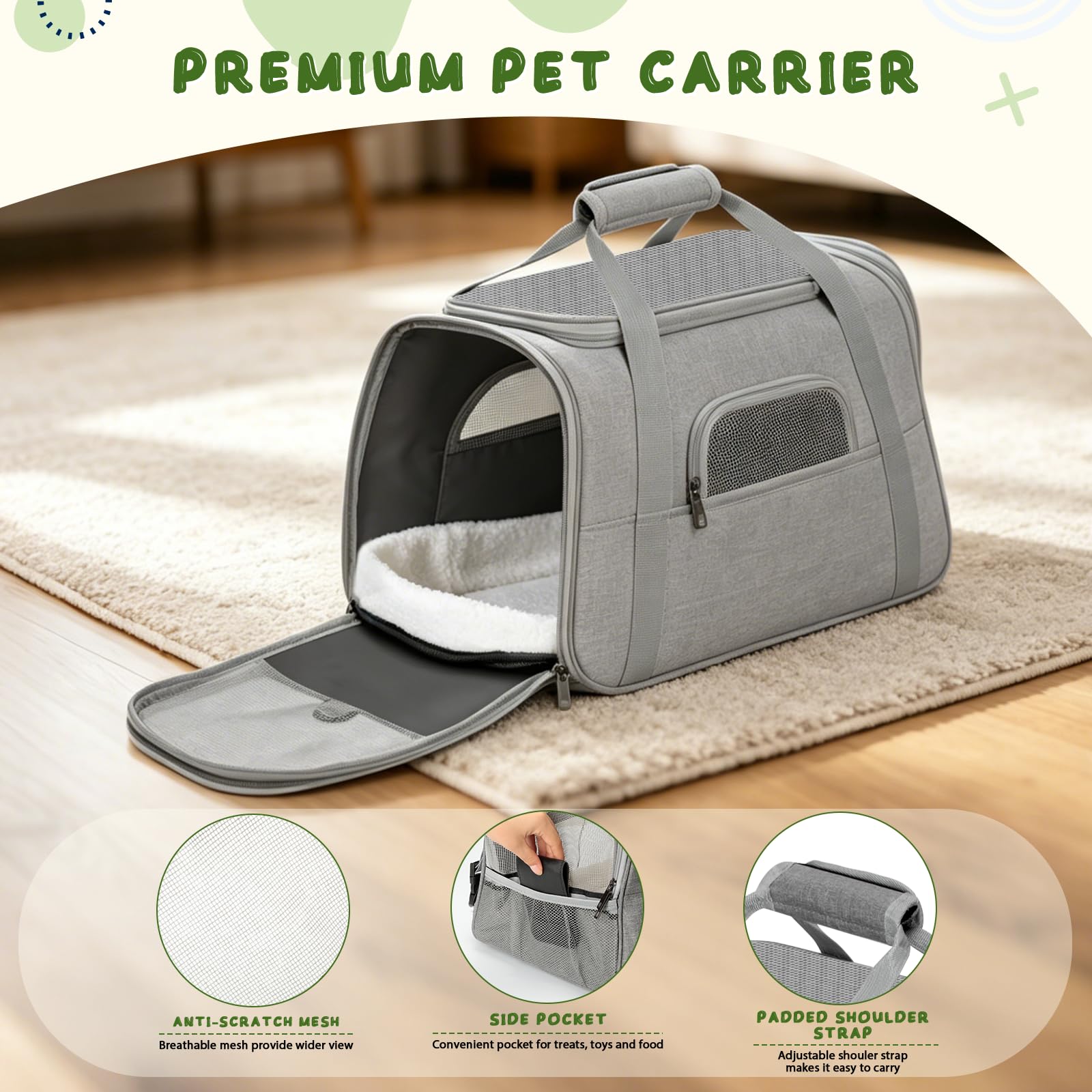 Romon Transportín Gato Perro, Transportin Pequeño Cat Carrier, Bolsa Transporte Transpirable para Mascotas con Colchón Suave, Plegable Bolso Gatos Cachorros Gatitos de 6Kg, 17.3x11x9.8 Inch, Gris