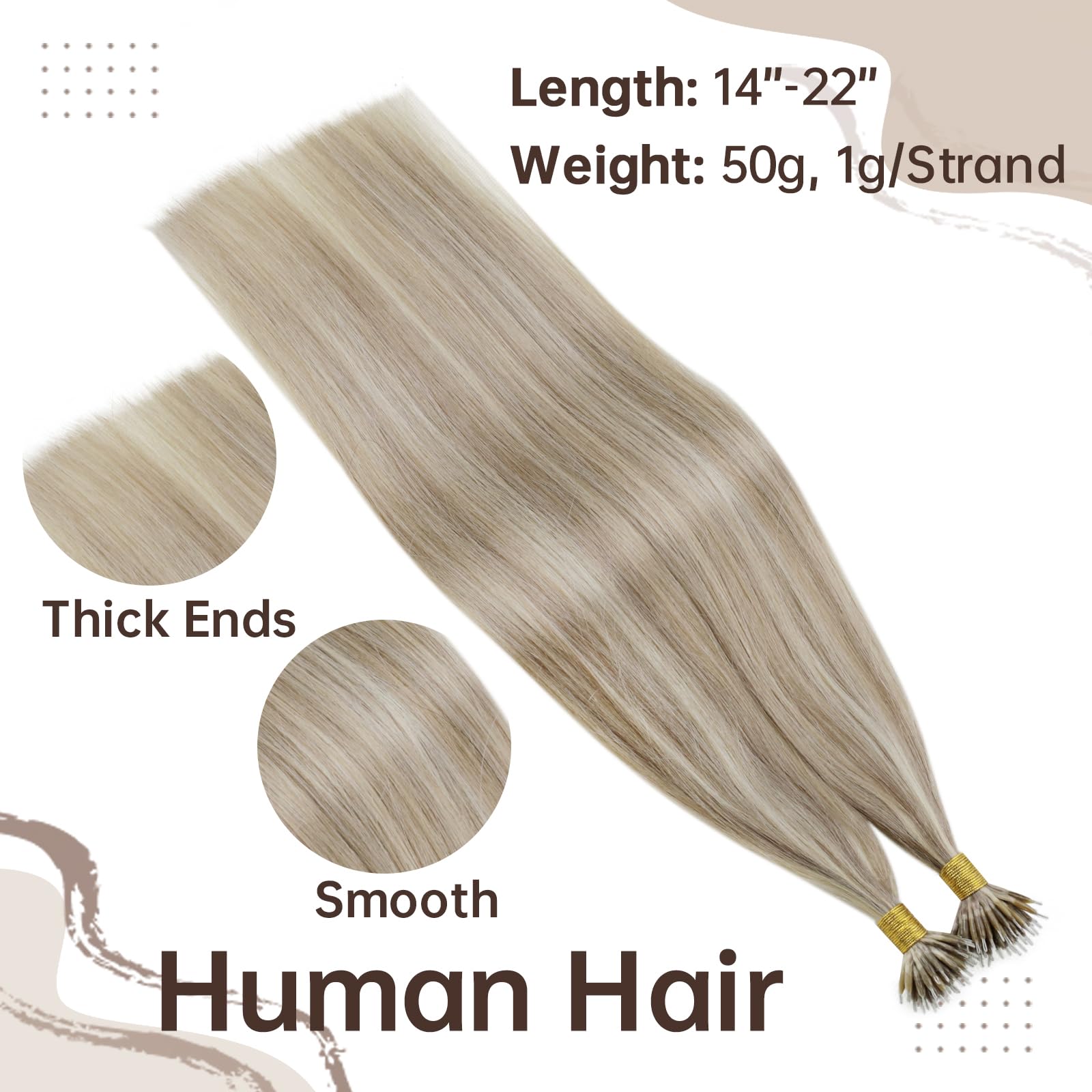 Easyouth Blonde Nano Hair Extensions Real Human Hair Highlight Nano Bead Hair Extensions Human Hair Ash Blonde Mixed Bleach Blonde Pre Bonded for Women 14 Inch 50g/50s - Image 3