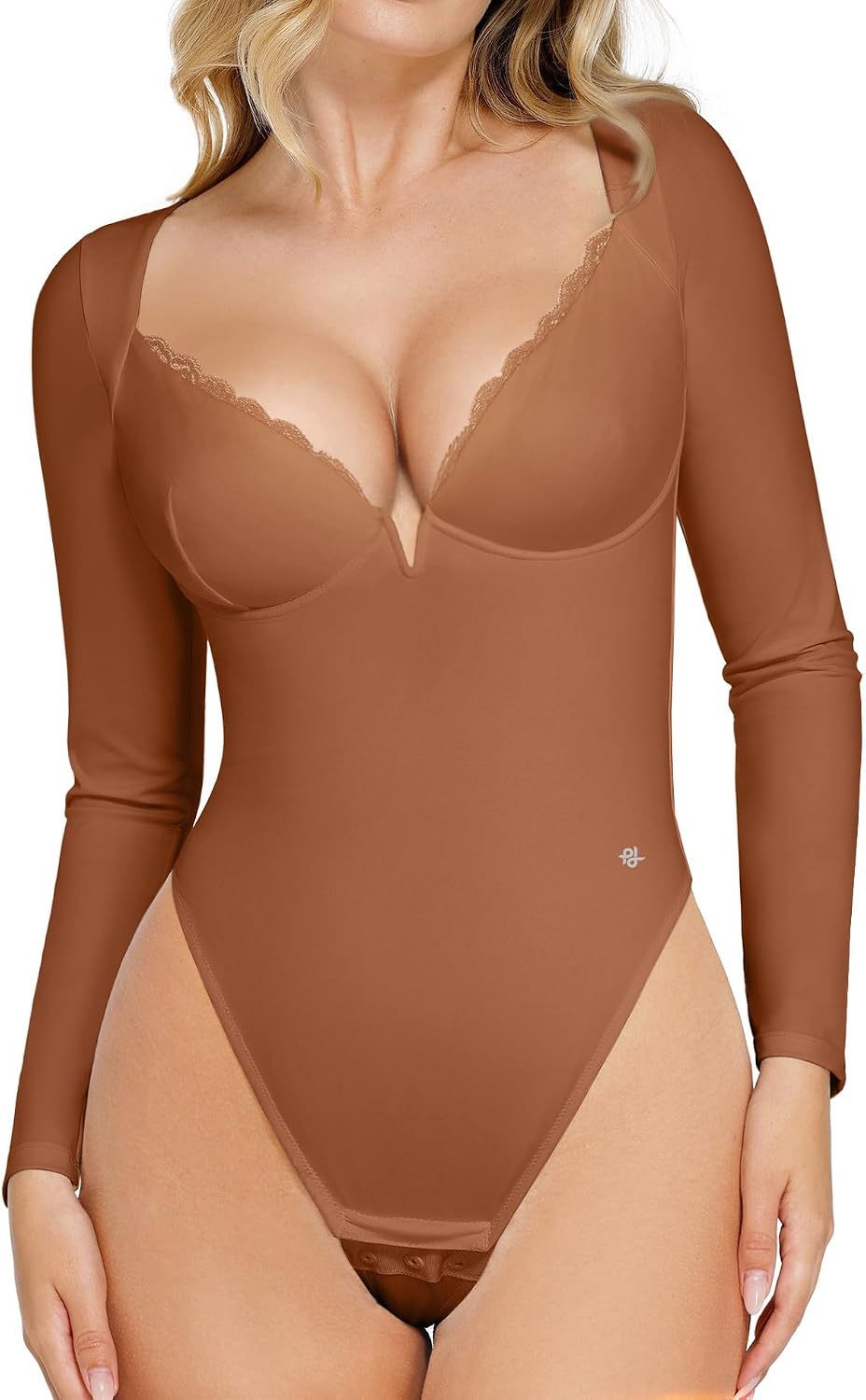 Popilush Long Sleeve Bodysuit for Women Lace Shapewear Body Suits Deep V Tummy Control Corset Trendy Going Out Tops