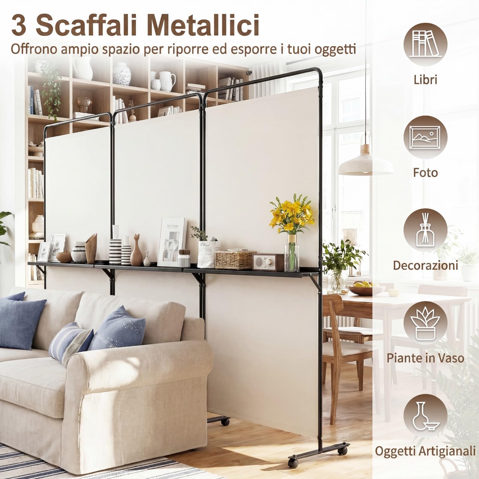 COSTWAY Paravento Interno 3 Ante con 8 Ruote Bloccabili e Ripiani (Bianco) | Separe Divisorio Pieghevole con Scaffale Portaoggetti, Tessuto Resistente e Opaco per Salotto, Camera da Letto e Ufficio
