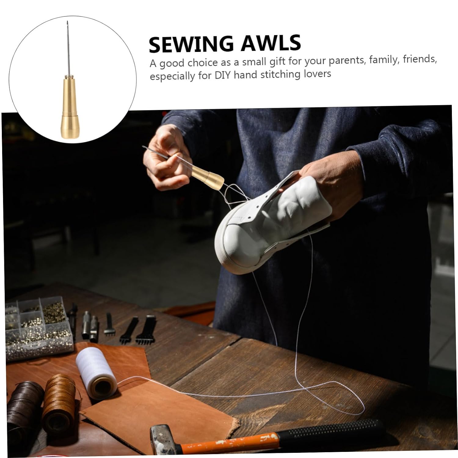 VILLFUL 2pcs Leather Craft Awls for DIY Sewing Punch Repair Tools Needle Handle Pricker for Shoes