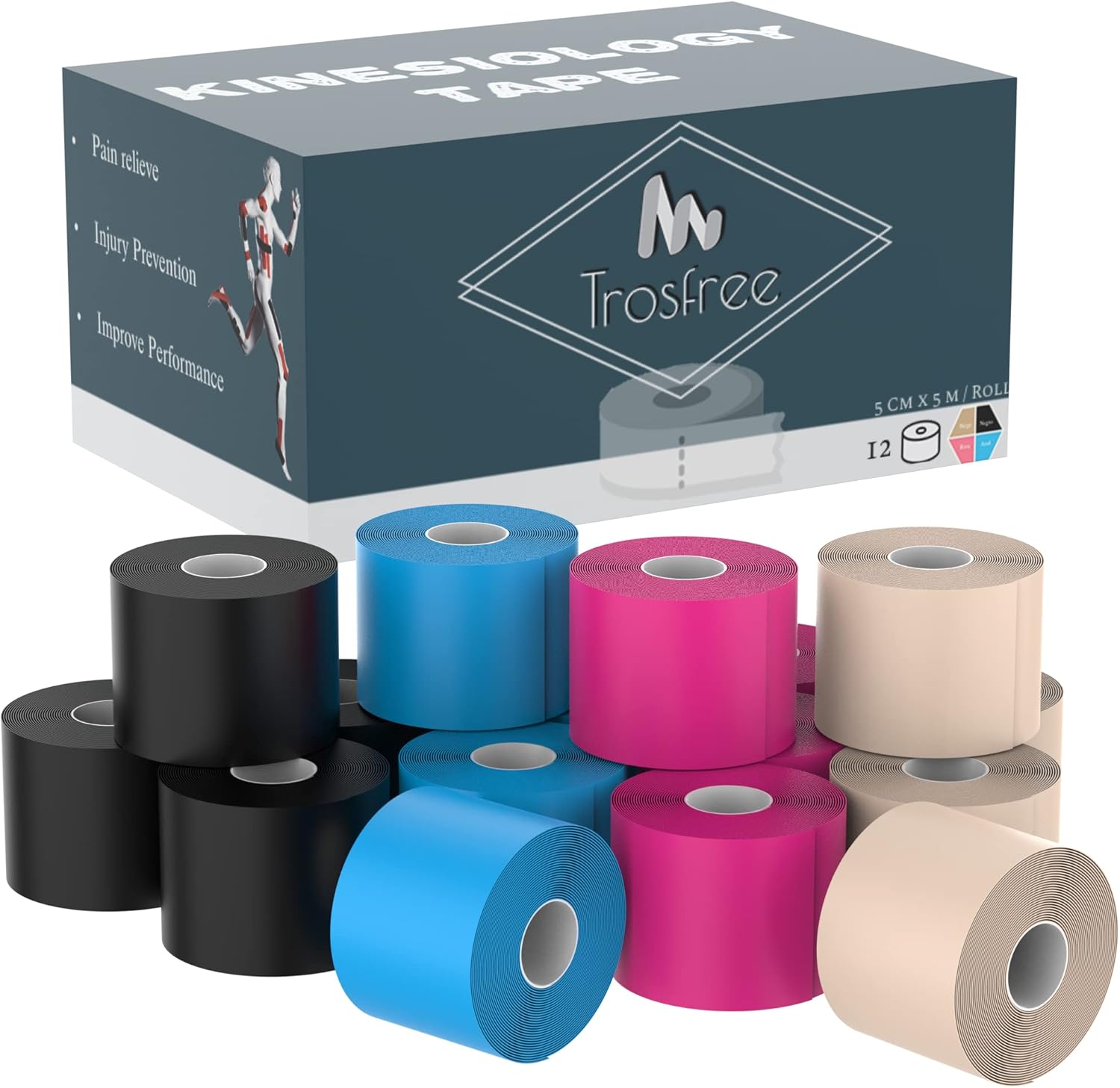TROSFREE Kinesiotape PACK 12 Cinta Kinesiologica de 5 m x 5 cm