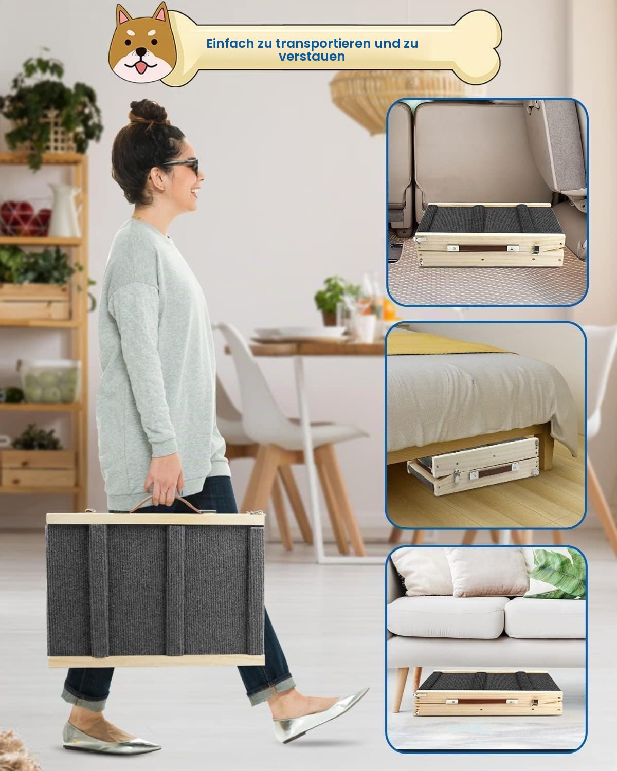 Hunderampe,Hundetreppe aus Holz,Tragbare Katzen Rampe für Bett Sofa, 4 Höhenverstellbare von 25CM bis 48CM mit Rutschfester Trittmatte, Hölzerne Haustierrampe Klappbar für Bett Oder Sofa