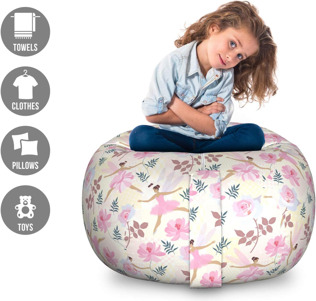 Ambesonne Ballerina Storage Toy Bag Chair, Pastel Love Dancer with Wings Flying with Roses and Floral Motifs Print, Stuffed Animal Organizer Washable Bag, Large Size, Multicolor