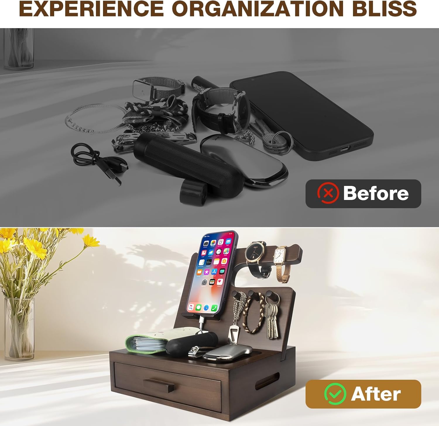 Solid Wood Nightstand Organizer, Docking Station, Gifts for Men, Made of Cedar, Versatile Bedside Table Organizer for Cellphone, Watch, Headphone, Keys, Dark Walnut