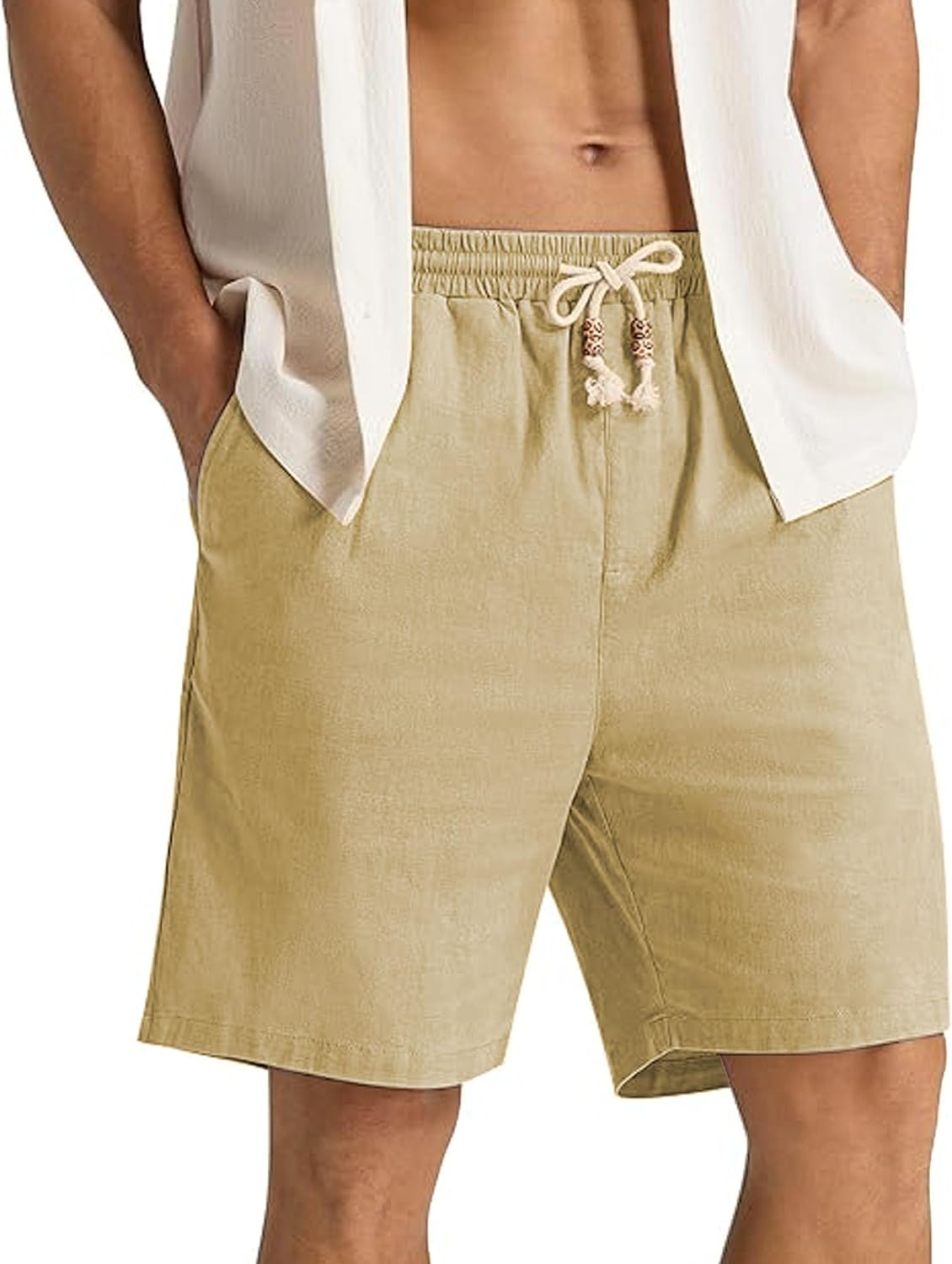 Maiyifu-GJ Cotton Linen Shorts for Men Summer Casual Lightweight Hiking Shorts Elastic Waist Drawstring Beach Short Pants