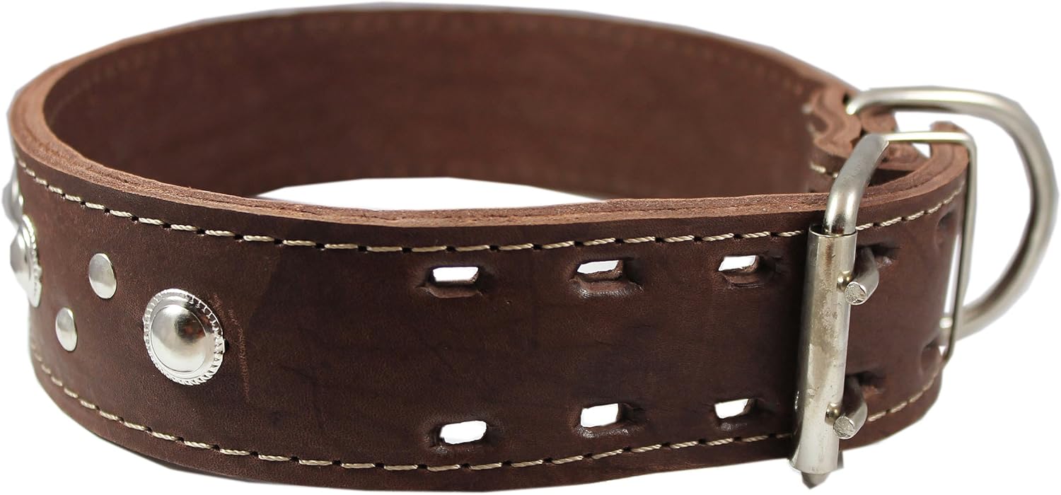 Thick Genuine Leather Studded Dog Collar 2" Wide Brown Sized to Fit 19"-22" Neck 2" Wide Retriever, Doberman, Bulldog, Cane Corso, Pitbull