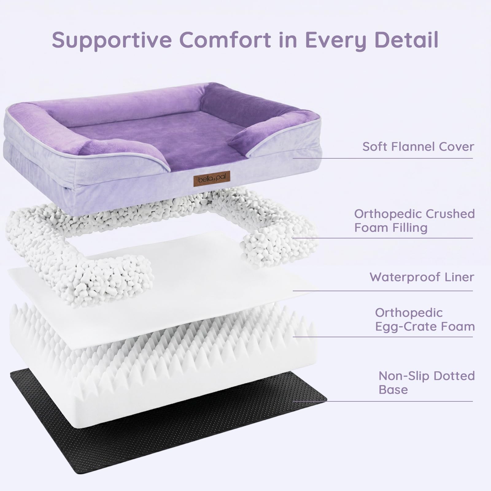 BELLA & PAL Sofá Perro Ortopédica, Cama para Perros Medianos/Grandes-Sin Montaje, Colchón Perro, Espuma Huevo | Forro Impermeable | Funda Desenfundable de Franela | Base Antideslizante, Violeta, L
