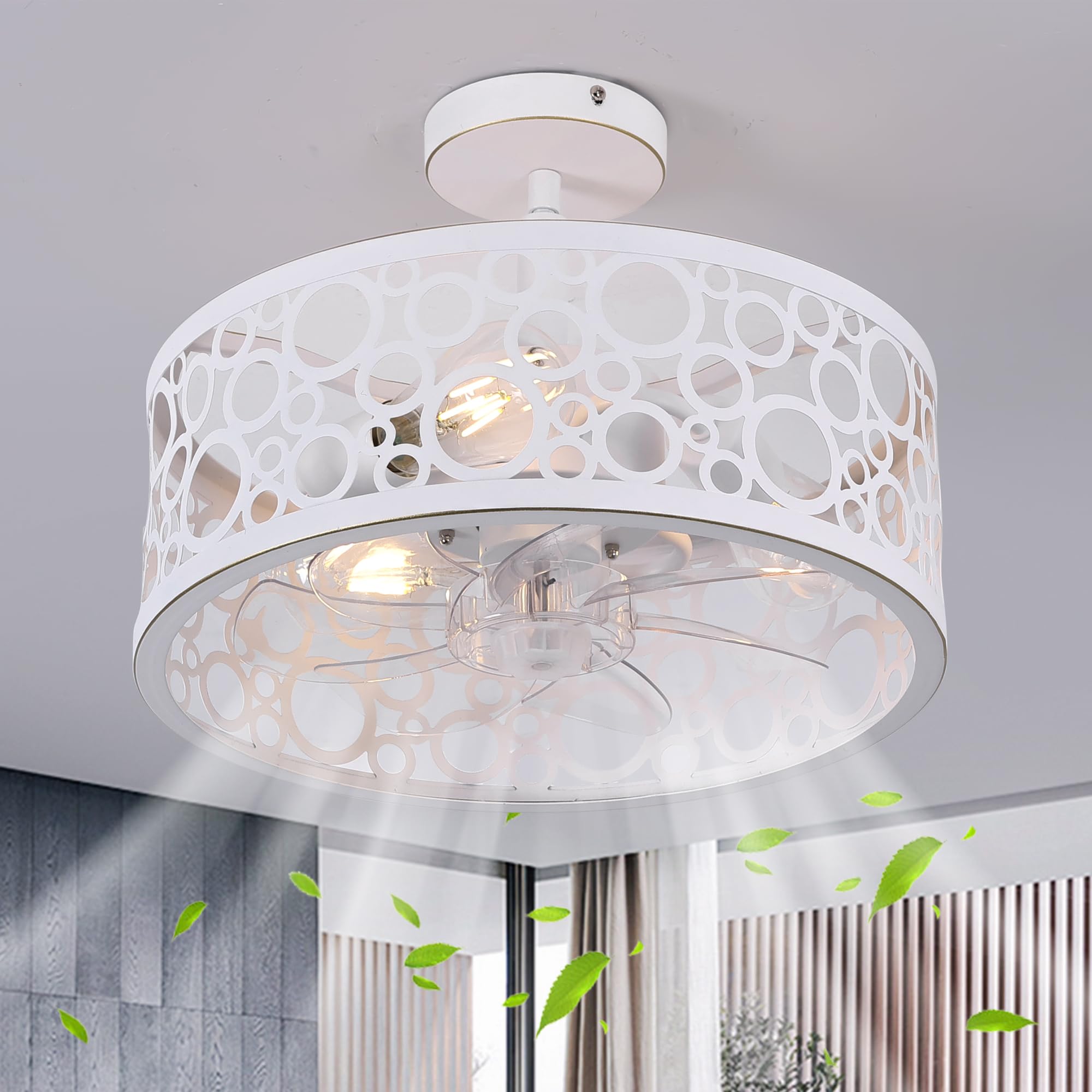 15" Caged Ceiling Fans with Lights and Remote Flush Mount, Retro White Round Farmhouse Ceiling Fan Light Fixture, Small Bladeless Ceiling Fan for Bedroom, Kitchen, Indoor