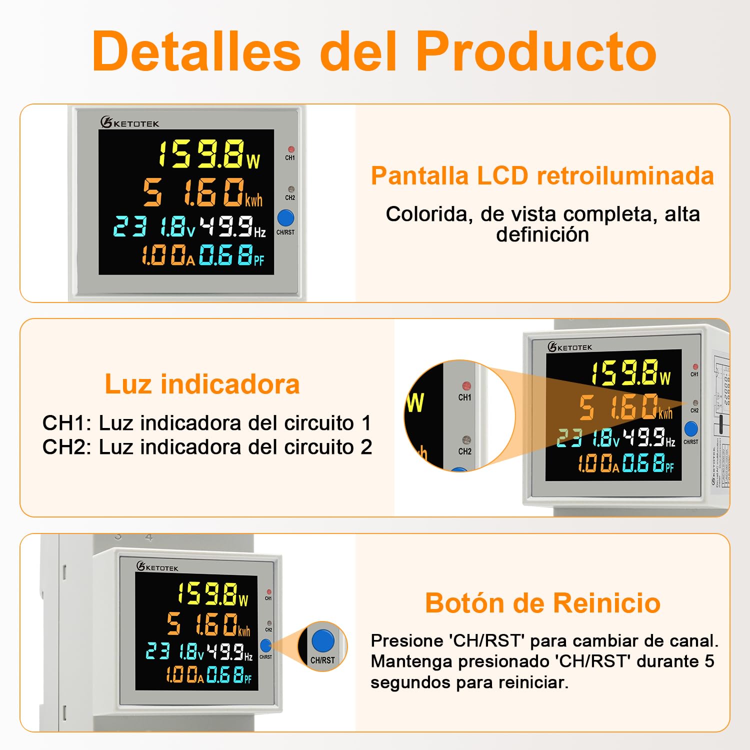 KETOTEK Medidor de Energía Monofásico, 2 Circuitos, Contador Eléctrico Carril DIN con 2 x 100A CT, Digital Voltímetro Amperímetro AC40-300V