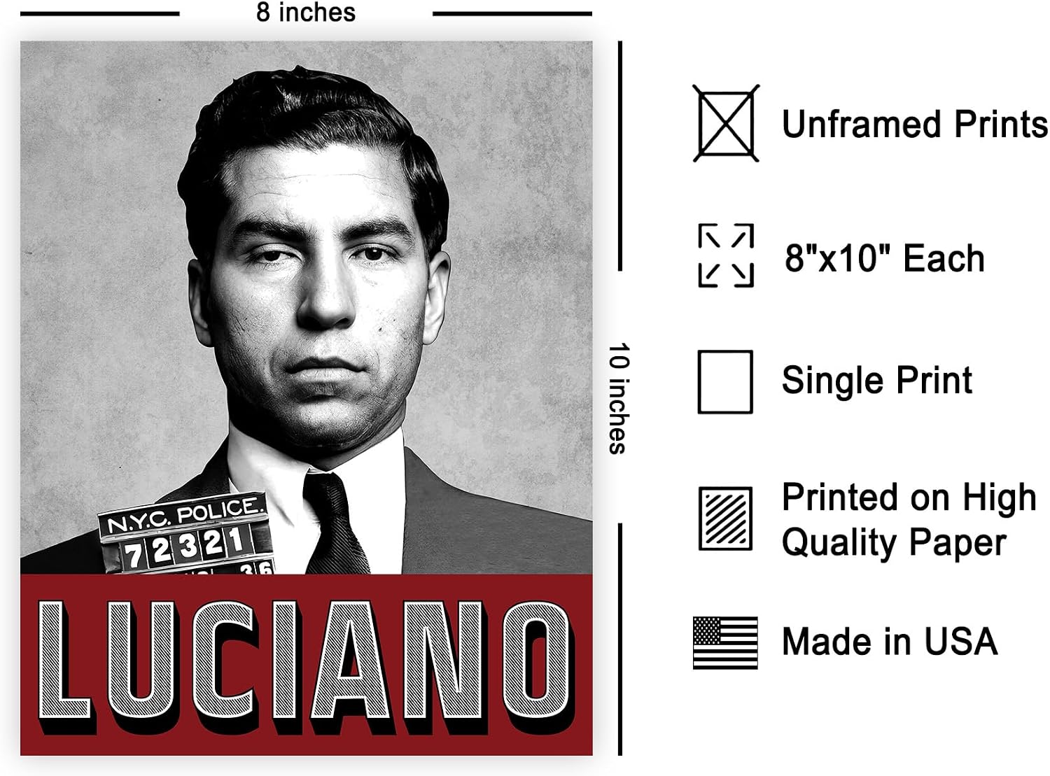Poster Master Lucky Luciano Portrait Print - Italian Gangster Poster - Five Points Gang Art - Modern New York Wall Design - Great Bedroom or Living Room Decor - 8x10 UNFRAMED Wall Art