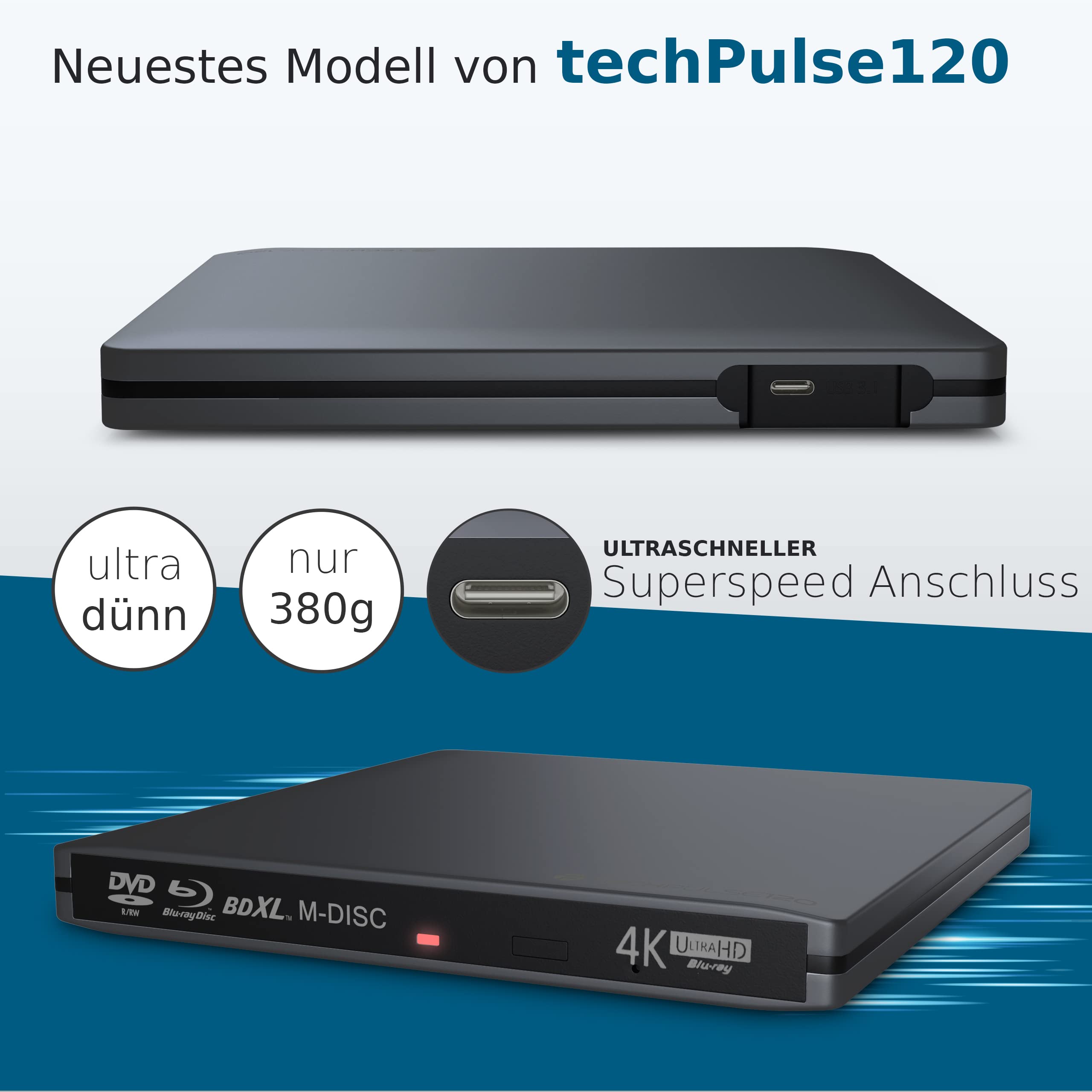 techPulse120 USB-C UHD HDR 4K 3D MDisc BDXL nagrywarka Bluray i Superdrive BD DVD CD do PC, notebooka, ultrabooka, Windows, MacOS
