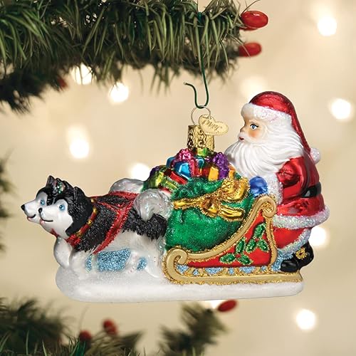 Miniatura 5 de Old World Christmas Adorno de cristal soplado de trineo de perro de Papá Noel para árbol de Navidad
