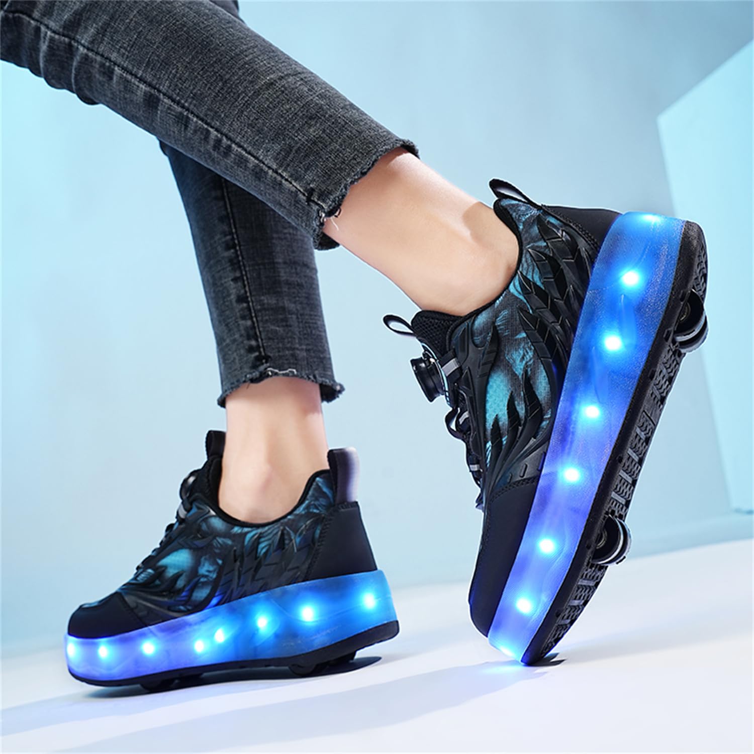 Unisex Kinder LED Licht USB Wiederaufladbar Skateboardschuhe mit Vier Rollen,Abnehmbar, Stabiler und Sicherer Outdoor Sport Fitnessschuhe Gymnastik Running Sneaker für Jungen Mädchen