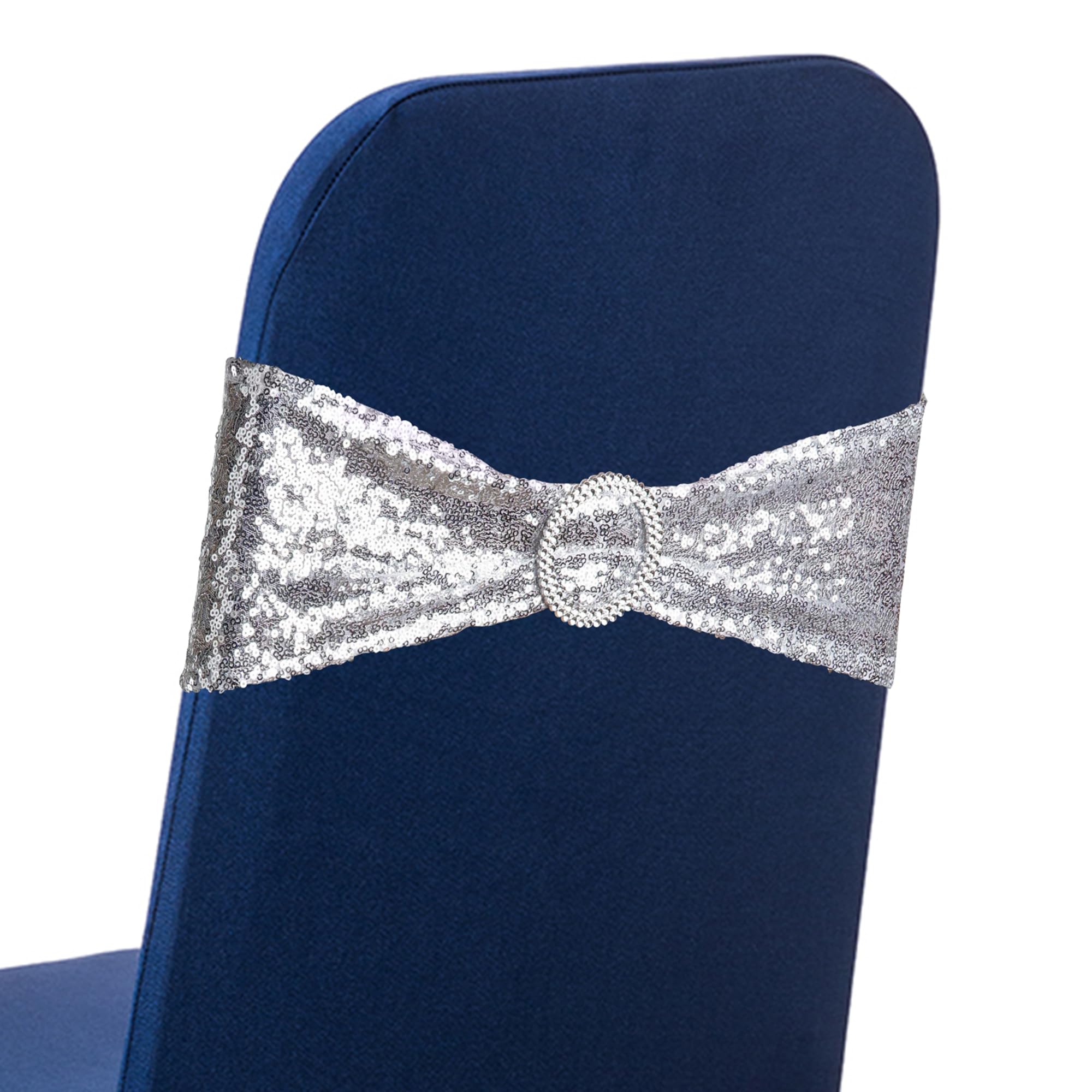 Trimming Shop Sequin Chair Band with Slider Buckle, Stretchy Fabric Chair Band Sash, Elastic Wedding Chair Cover Band for Party, Reception, Banquet, Silver, 100pcs โ image 1
