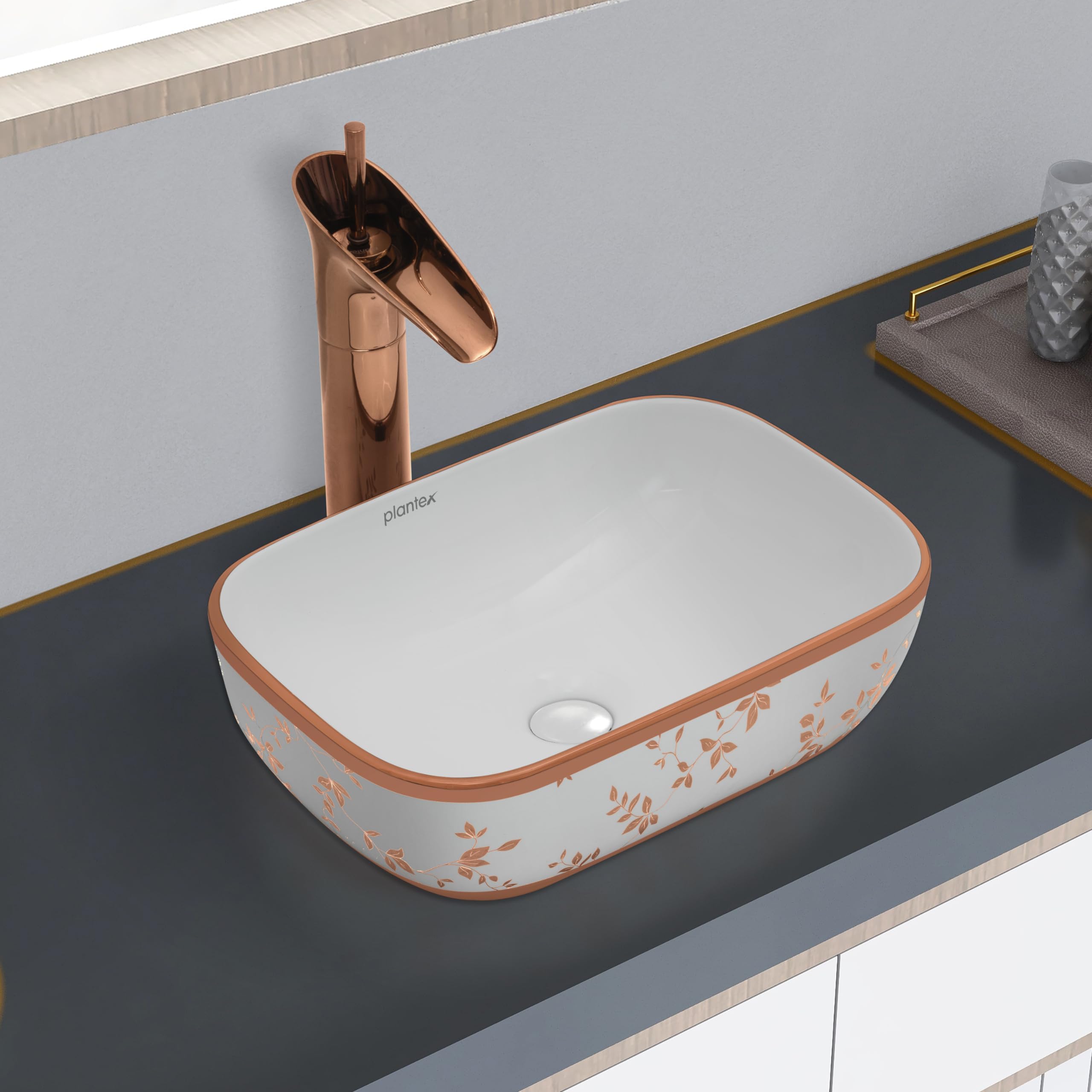 Plantex Table Top Wash Basin For Bathroom/Designer Ceramic Basin/Countertop Vessel Sink Basin - Indo-European Collection (14 x 10 x 5 Inch)