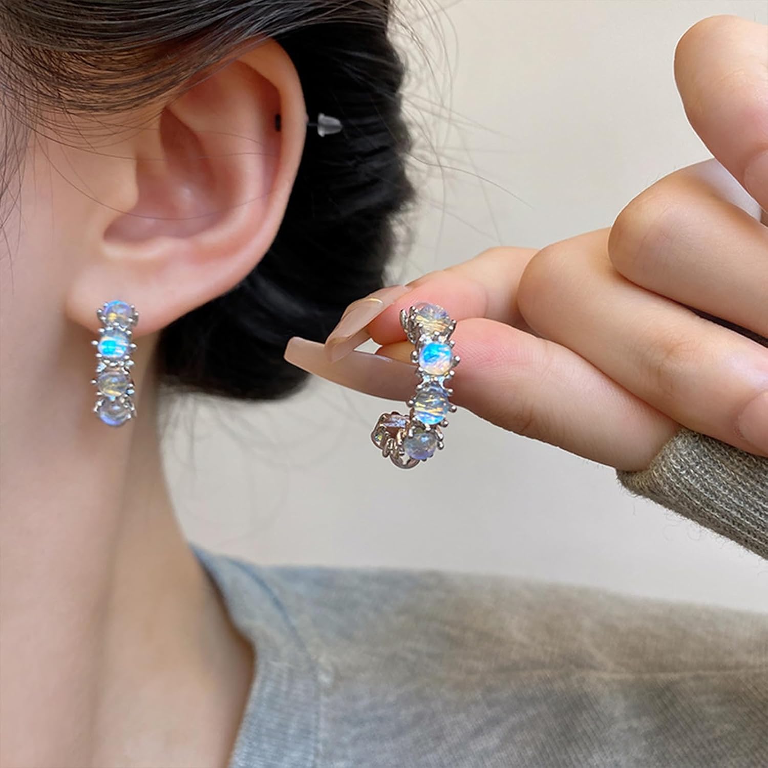 Silver Plated Crystal Ball Hoop Earrings for Women,Fashion Clear Statement Geometric Huggie Dangle Earring Simple Birthday Holiday Jewelry Gifts - Image 6