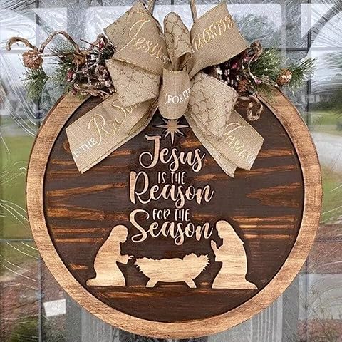 Christmas Nativity Welcome Sign for Front Door Decoration, Wooden Christmas Signs for The Birth of, Christmas Wreaths for Windows, Window Wreaths, Porch Farmhouse Christmas Decor Cover