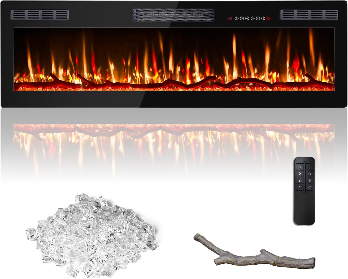 BOSSIN 60 Inch Ultra-Thin Silence Linear Electric Fireplace, Recessed and Wall Mounted Fireplace, Fireplace Heater with 12 Adjustable Flame Color, Remote Control, Log & Crystal Options, 750/1500W