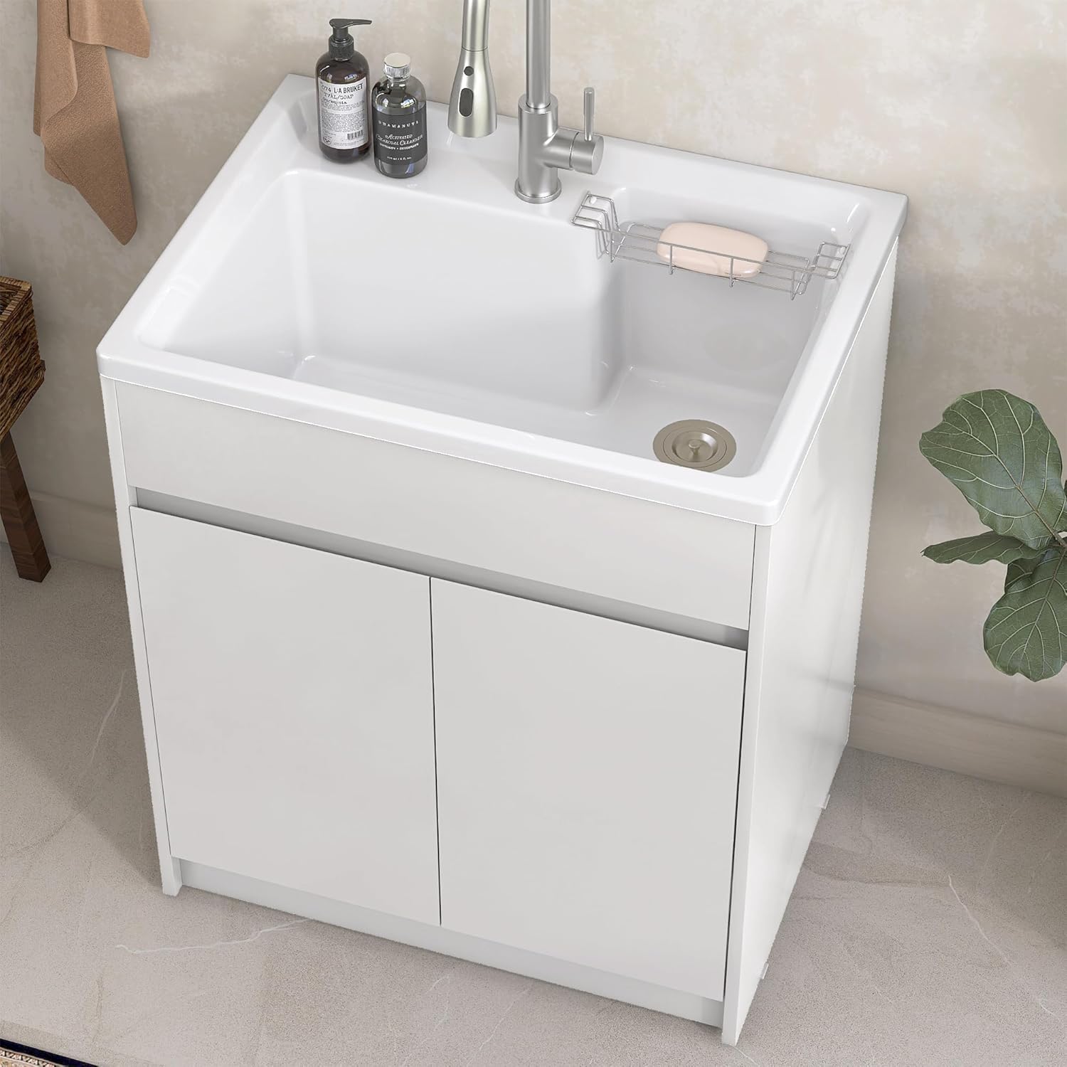 White Laundry Sink Cabinet 30 Wx36 H All-in-One Freestanding Utility Sink Deep Basin with Floor Mount White Cabinet for Laundry Room Garage Basement Kitchen Bathroom