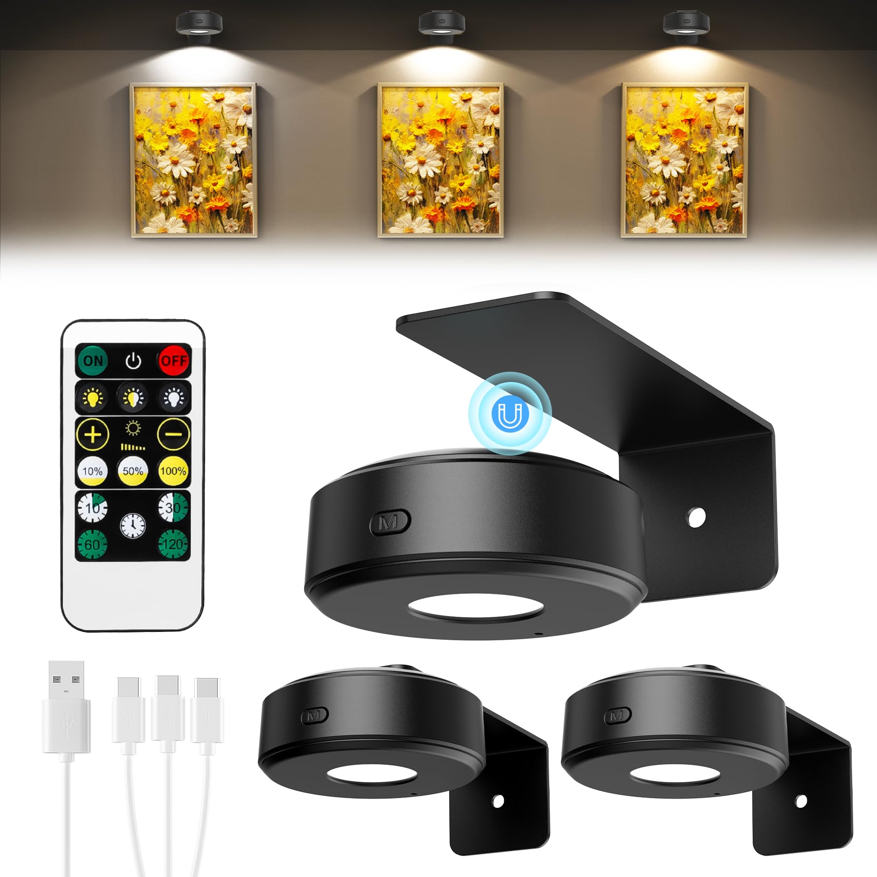 Lightbiz 3 Pack Wireless Picture Light for Wall，Rechargeable Painting Lights, Magnetic Wall Light, Remote, Dimmable 3 Colors, Timer, Battery Powered Art Lights for Paintings - Black — image 1