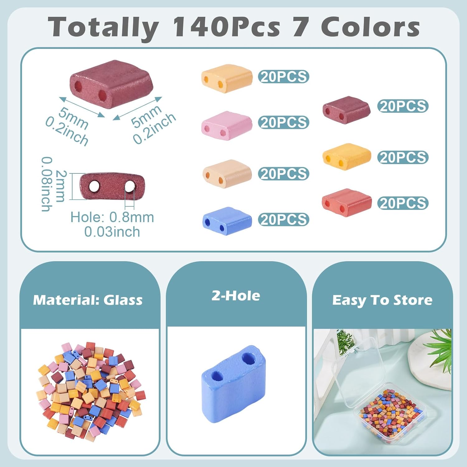 140Pcs 2-Hole Baking Paint Glass Tila Beads 7 Colors 5x5x2mm Square Seed Beads Small Flat Spacer Bead for Jewelry Making Bracelet Earring Beaded Bangle Craft - Image 3