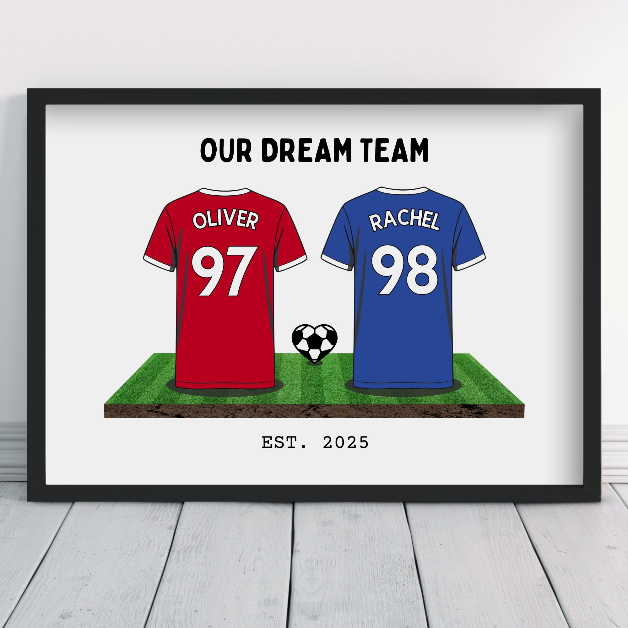 Personalised Football Couple's Dream Team Shirt Art Valentine Gift | All Teams Available | Framed or Prints Available | Boyfriend Husband Partner Unique Footy Footy Fan Wall Keepsake Sports Poster