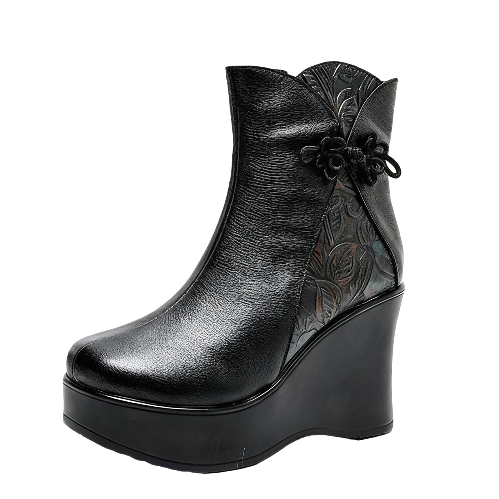 WomenS Leather High Wedge Heel Ankle Boots With Side Zipper Vintage China Knot Floral Pattern Round Toe Platform